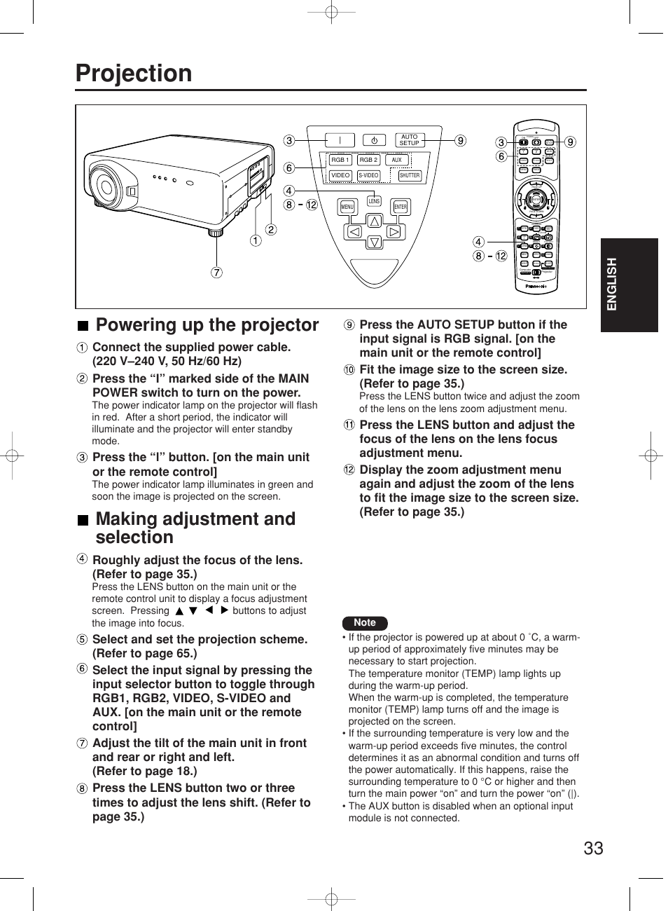Projection, 33 powering up the projector, Making adjustment and selection | English | Panasonic PT-DW7000E User Manual | Page 33 / 106