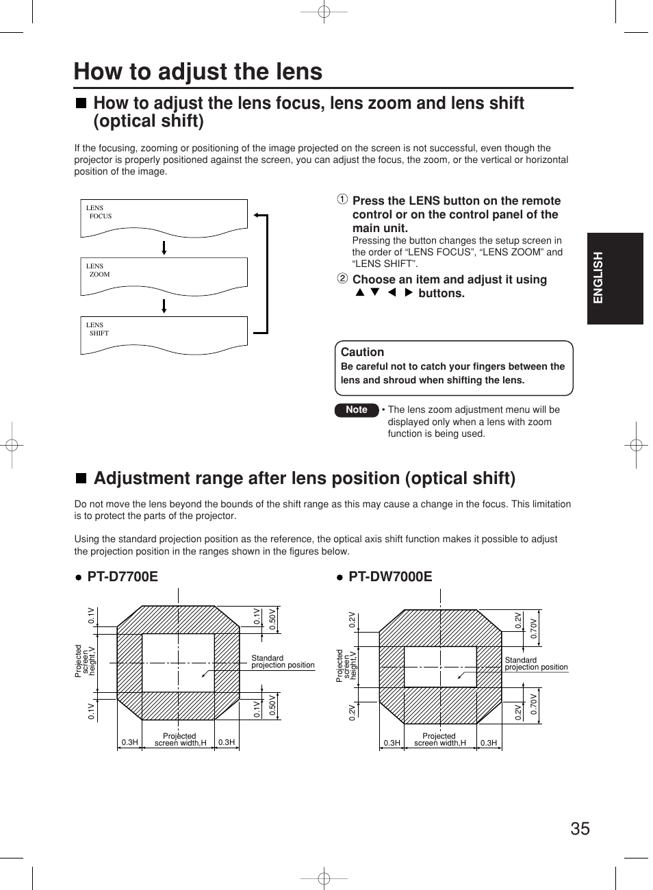 How to adjust the lens, Pt-d7700e, Pt-dw7000e | Panasonic PT-DW7000E User Manual | Page 35 / 106