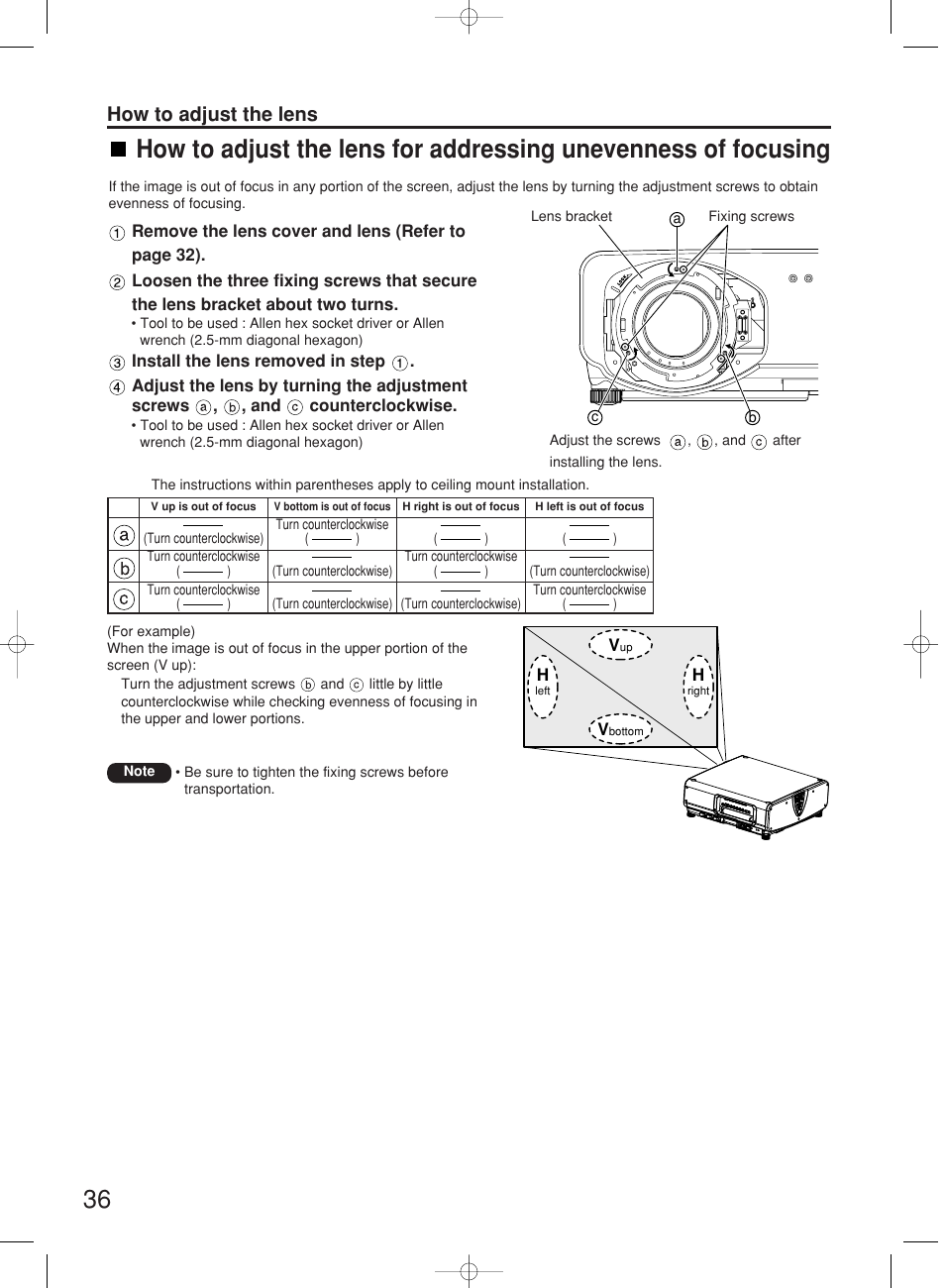 How to adjust the lens | Panasonic PT-DW7000E User Manual | Page 36 / 106