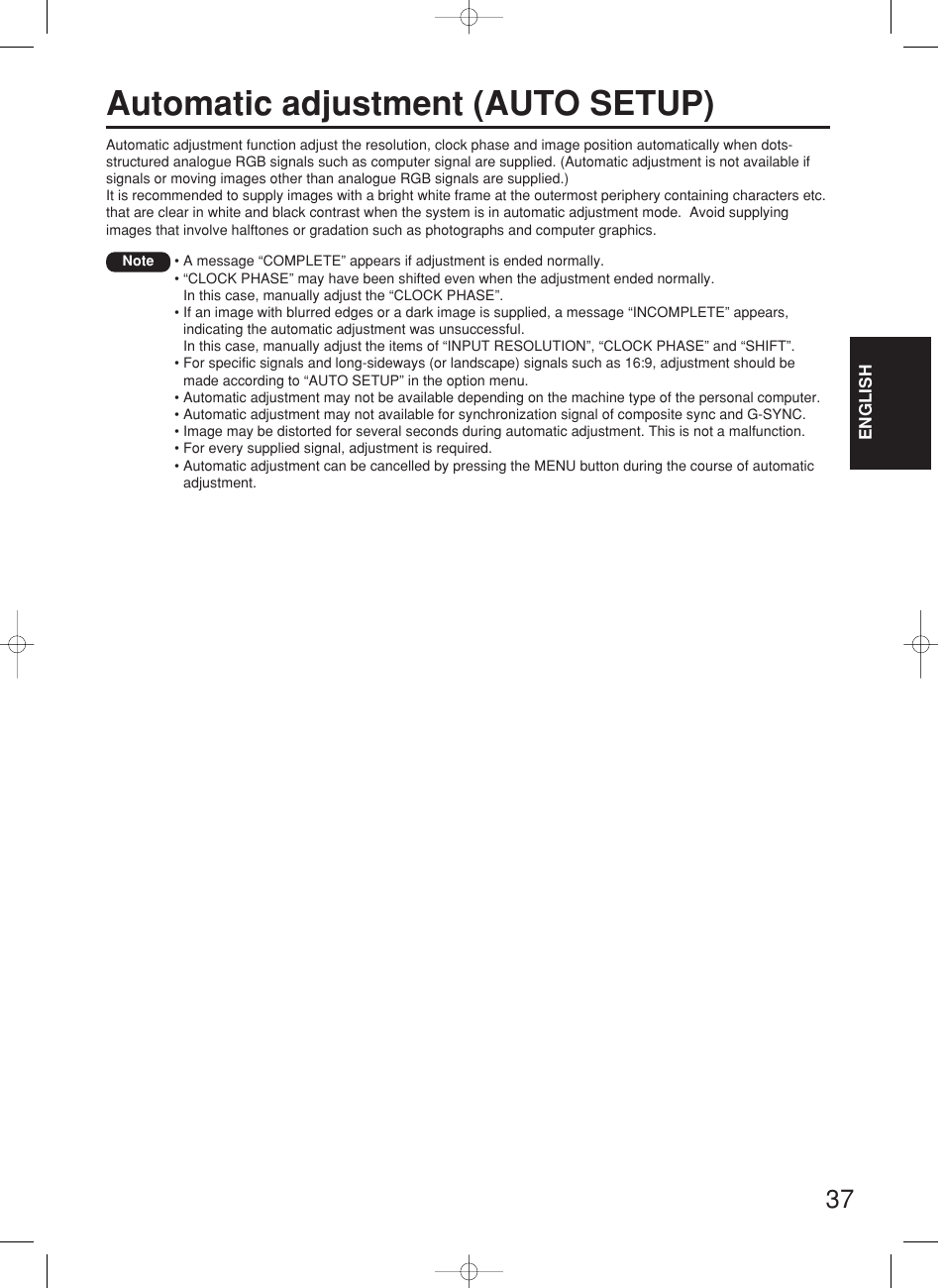 Automatic adjustment (auto setup) | Panasonic PT-DW7000E User Manual | Page 37 / 106