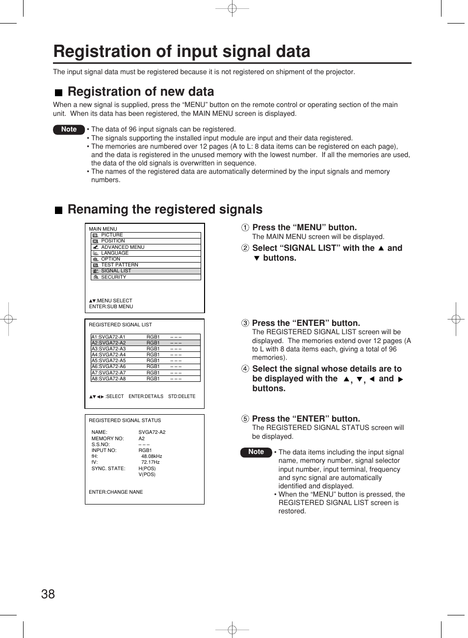 Registration of input signal data, Press the “menu” button, Select “signal list” with the and buttons | Press the “enter” button | Panasonic PT-DW7000E User Manual | Page 38 / 106