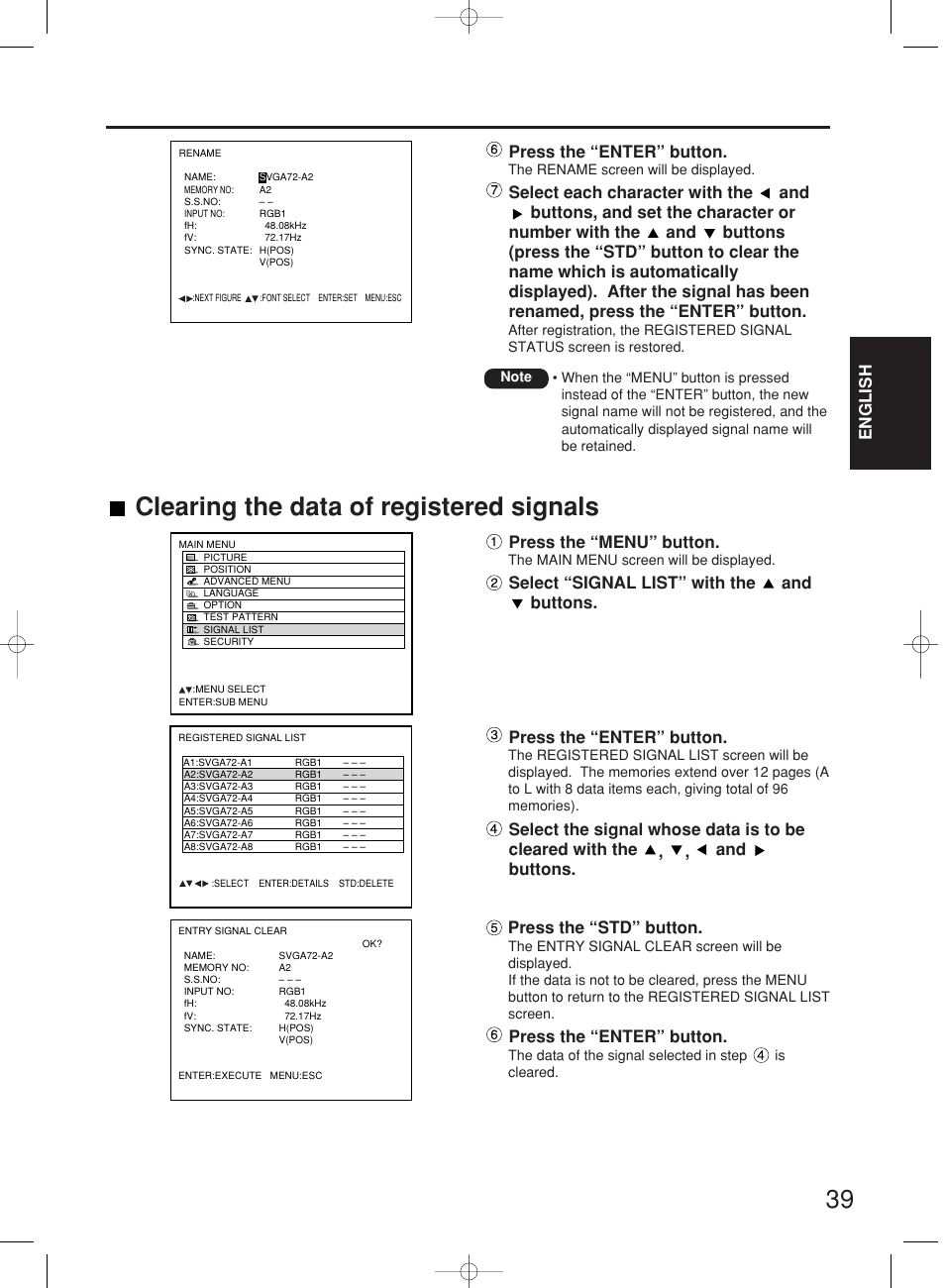 Clearing the data of registered signals, English, Press the “menu” button | Press the “std” button, Press the “enter” button | Panasonic PT-DW7000E User Manual | Page 39 / 106