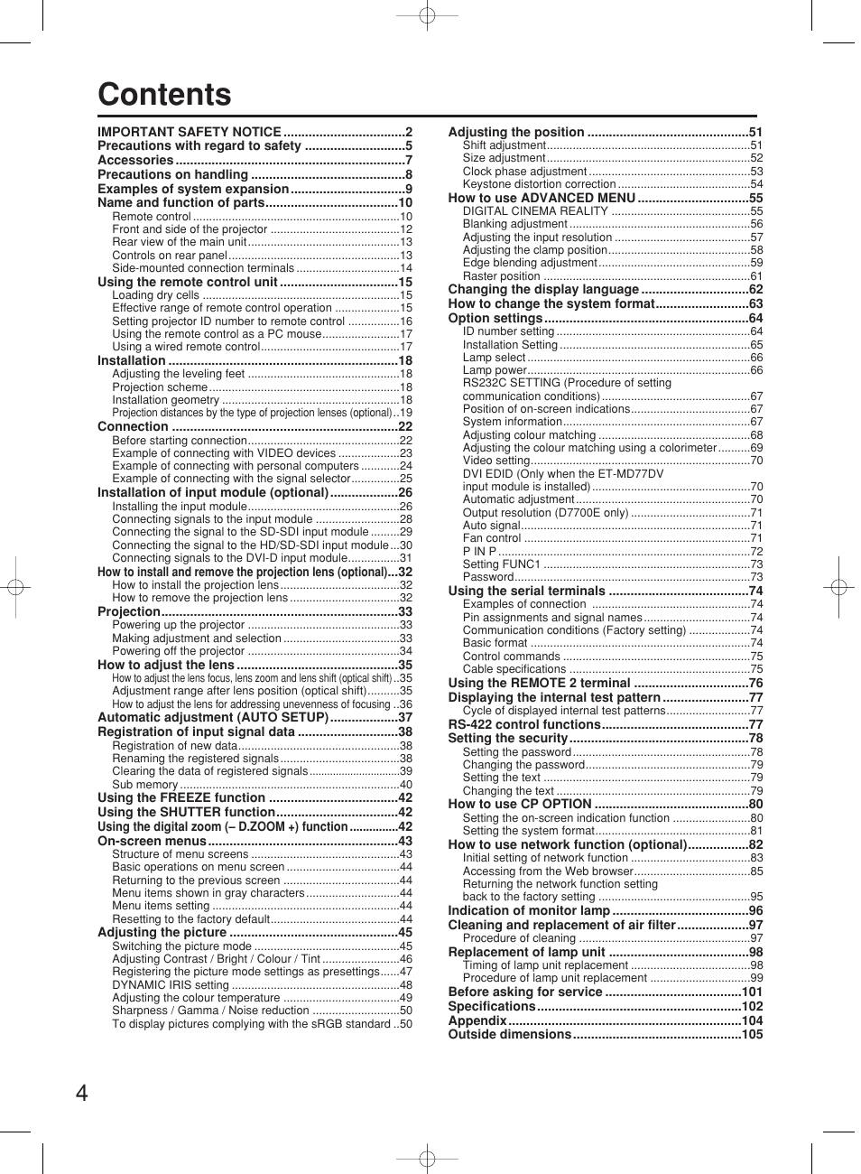 Panasonic PT-DW7000E User Manual | Page 4 / 106