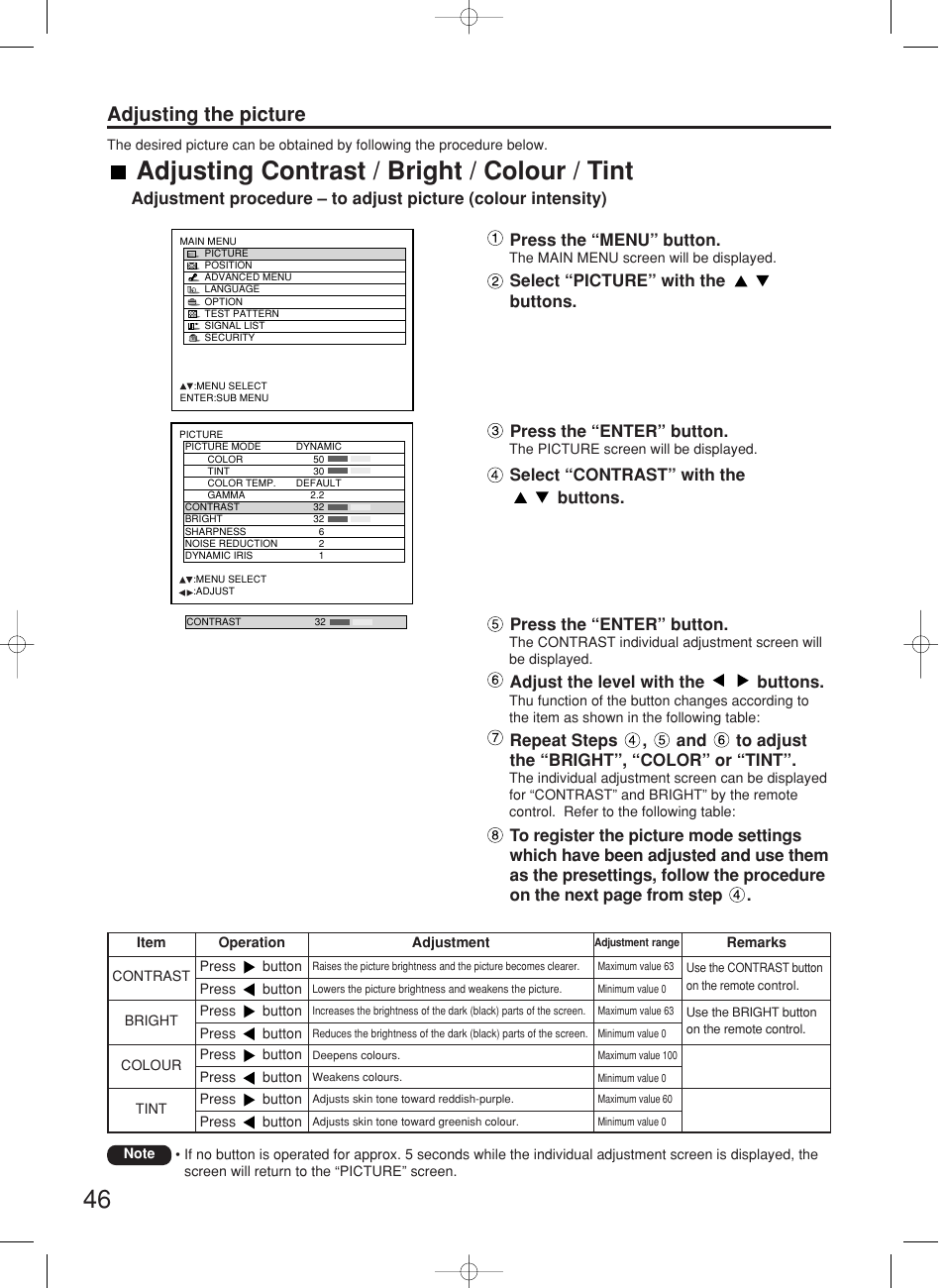 Adjusting contrast / bright / colour / tint, Adjusting the picture, Press the “menu” button | Select “picture” with the buttons, Press the “enter” button, Adjust the level with the buttons | Panasonic PT-DW7000E User Manual | Page 46 / 106