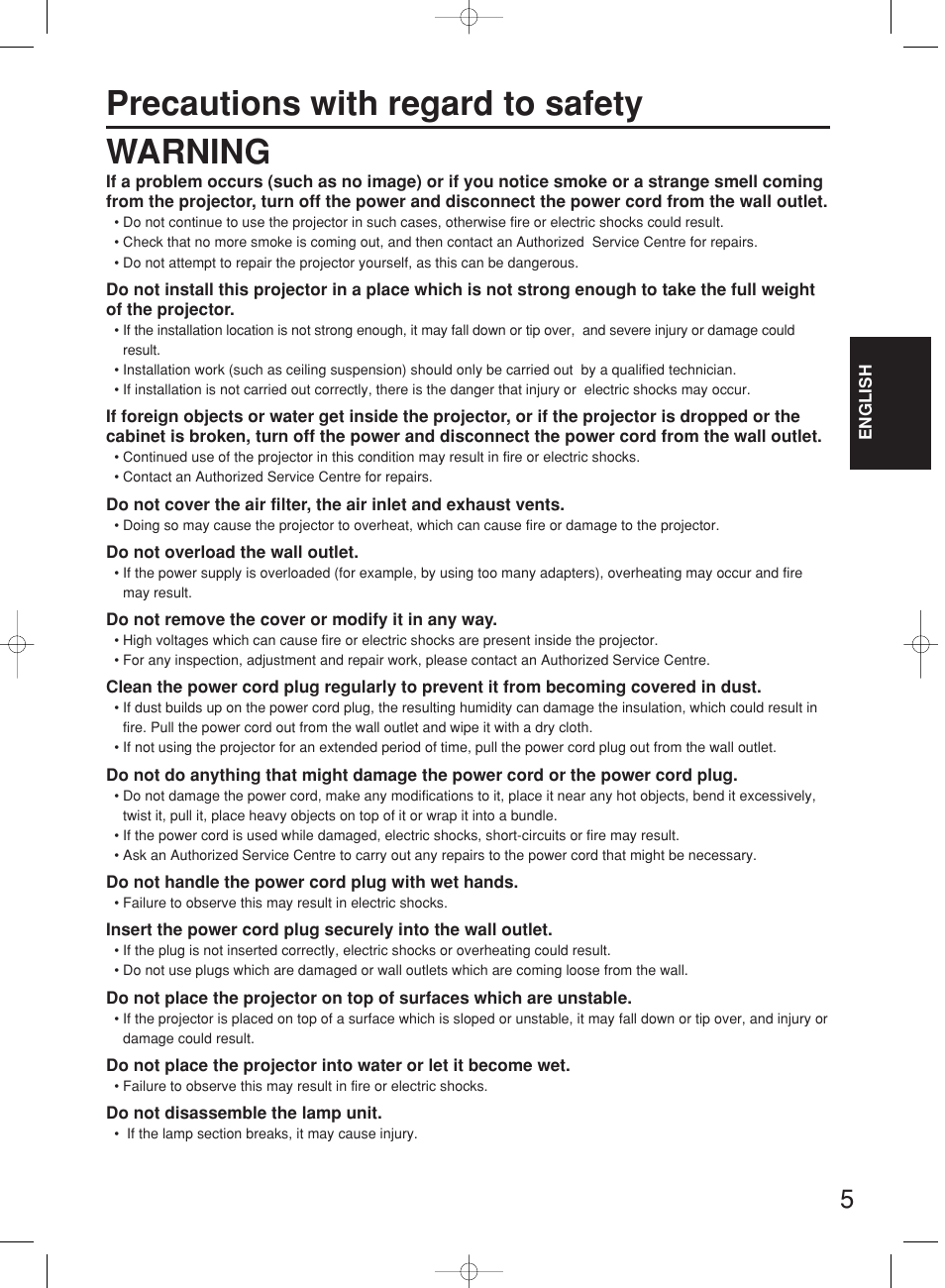 Precautions with regard to safety warning | Panasonic PT-DW7000E User Manual | Page 5 / 106