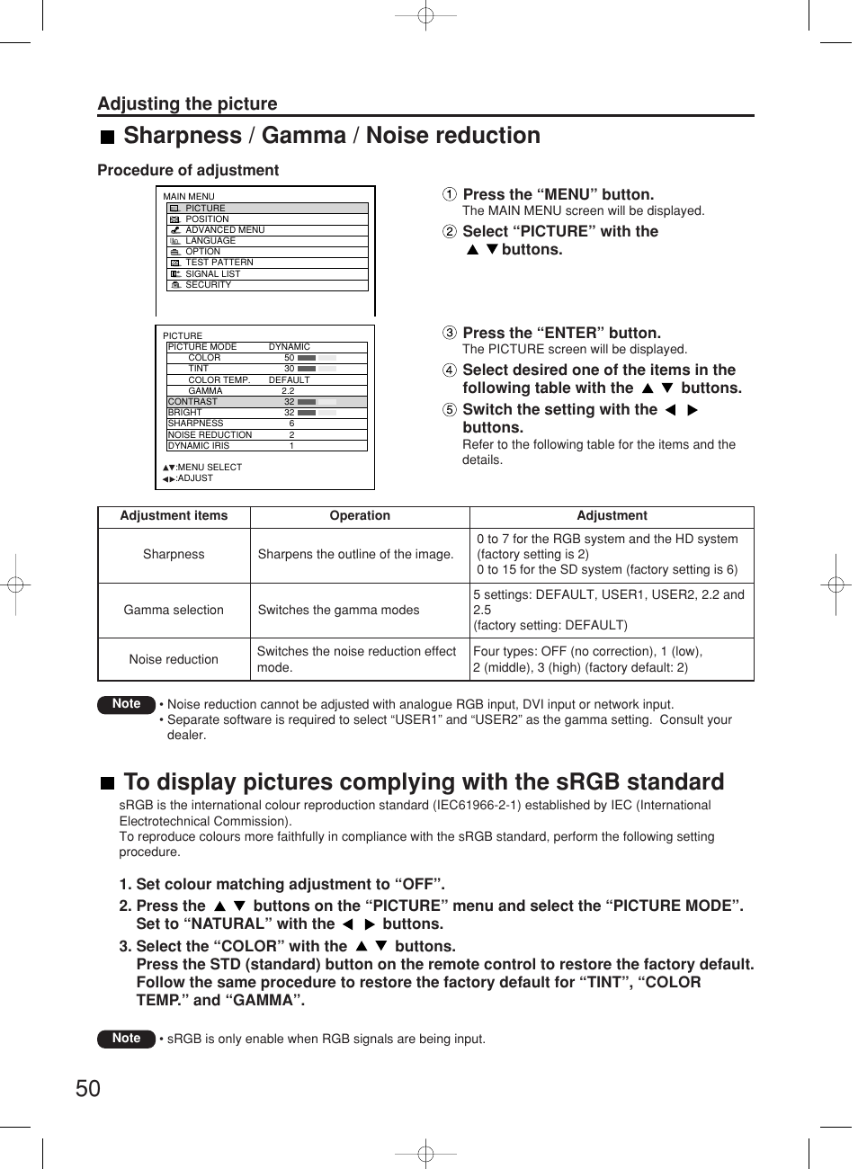Sharpness / gamma / noise reduction, Adjusting the picture | Panasonic PT-DW7000E User Manual | Page 50 / 106
