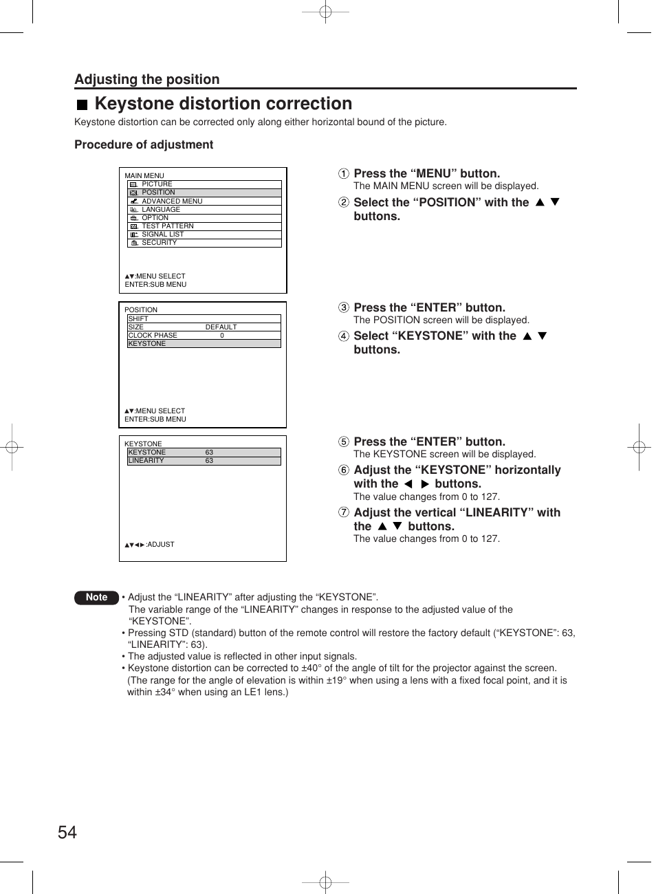 Keystone distortion correction, Adjusting the position | Panasonic PT-DW7000E User Manual | Page 54 / 106