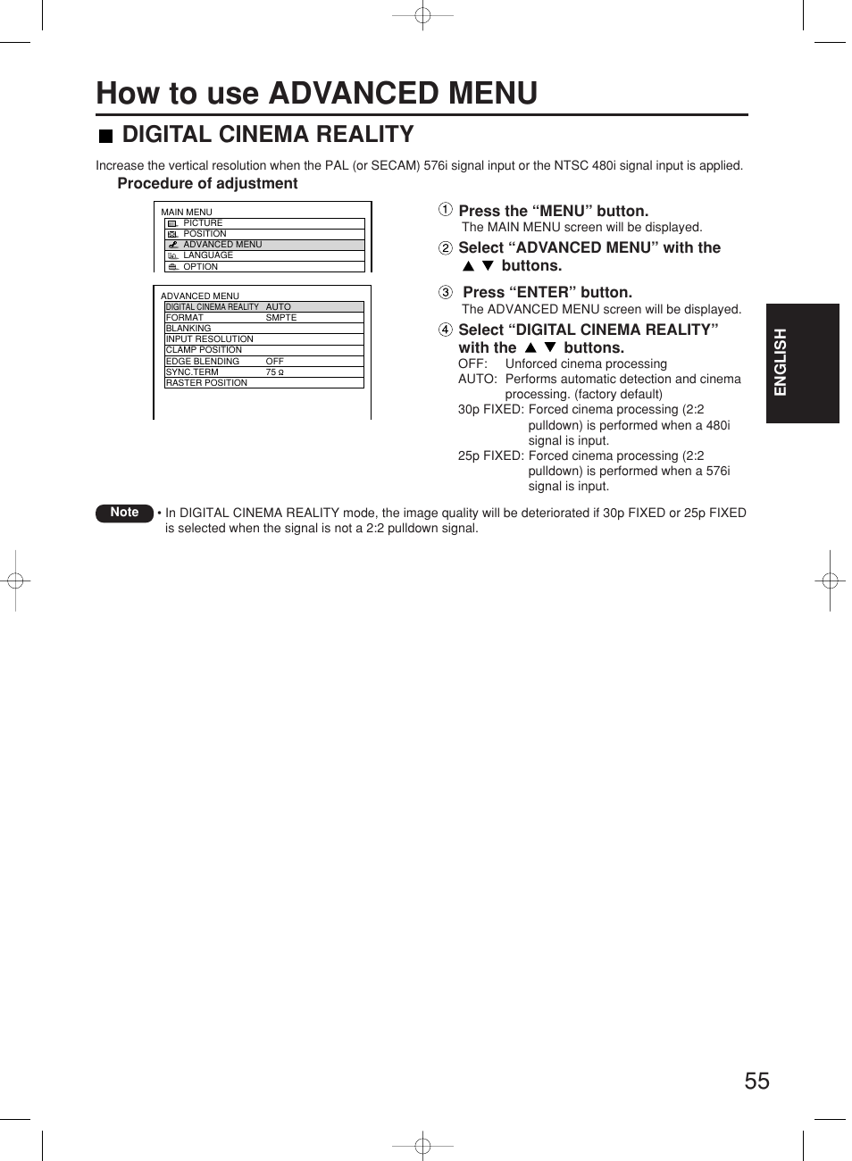 How to use advanced menu, Digital cinema reality | Panasonic PT-DW7000E User Manual | Page 55 / 106