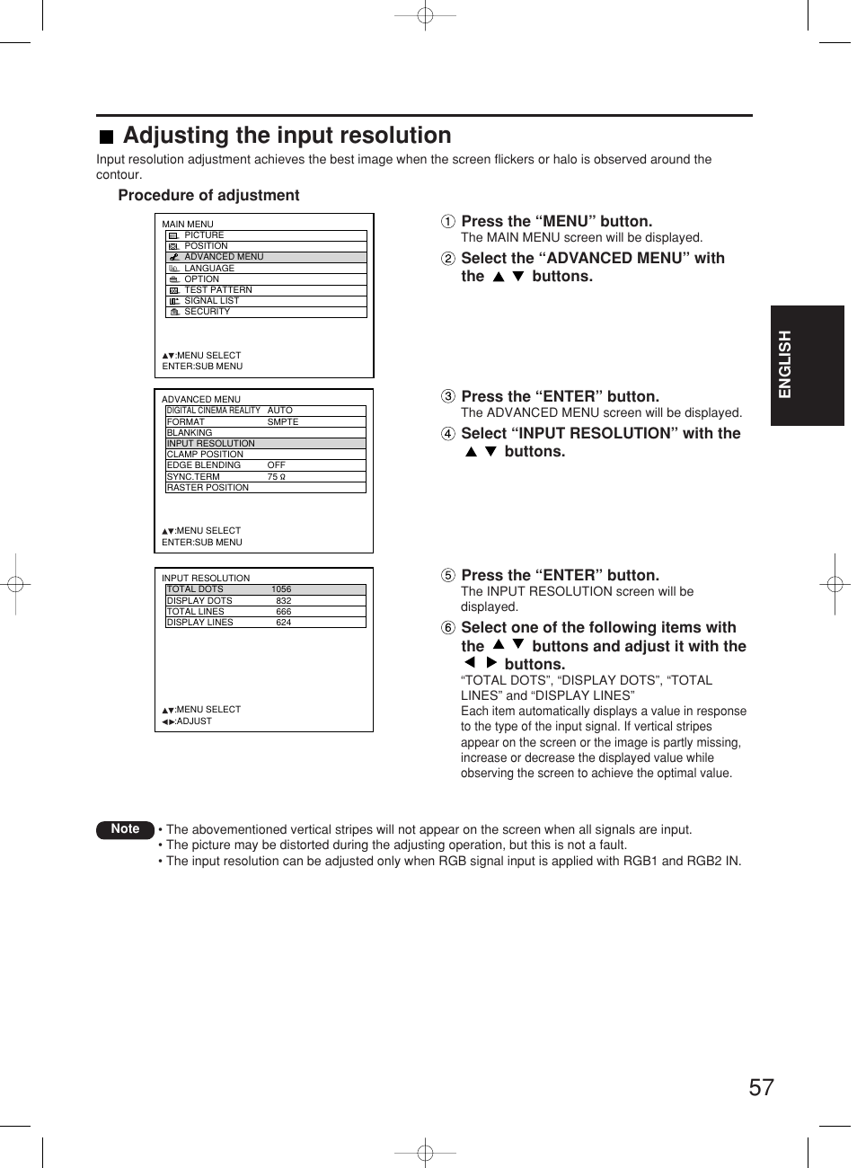 Adjusting the input resolution, English, Press the “enter” button | Procedure of adjustment press the “menu” button, Select “input resolution” with the buttons | Panasonic PT-DW7000E User Manual | Page 57 / 106