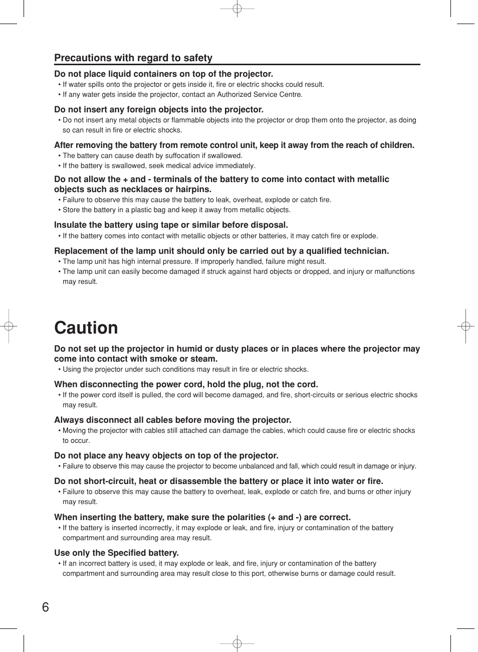 Caution, Precautions with regard to safety | Panasonic PT-DW7000E User Manual | Page 6 / 106