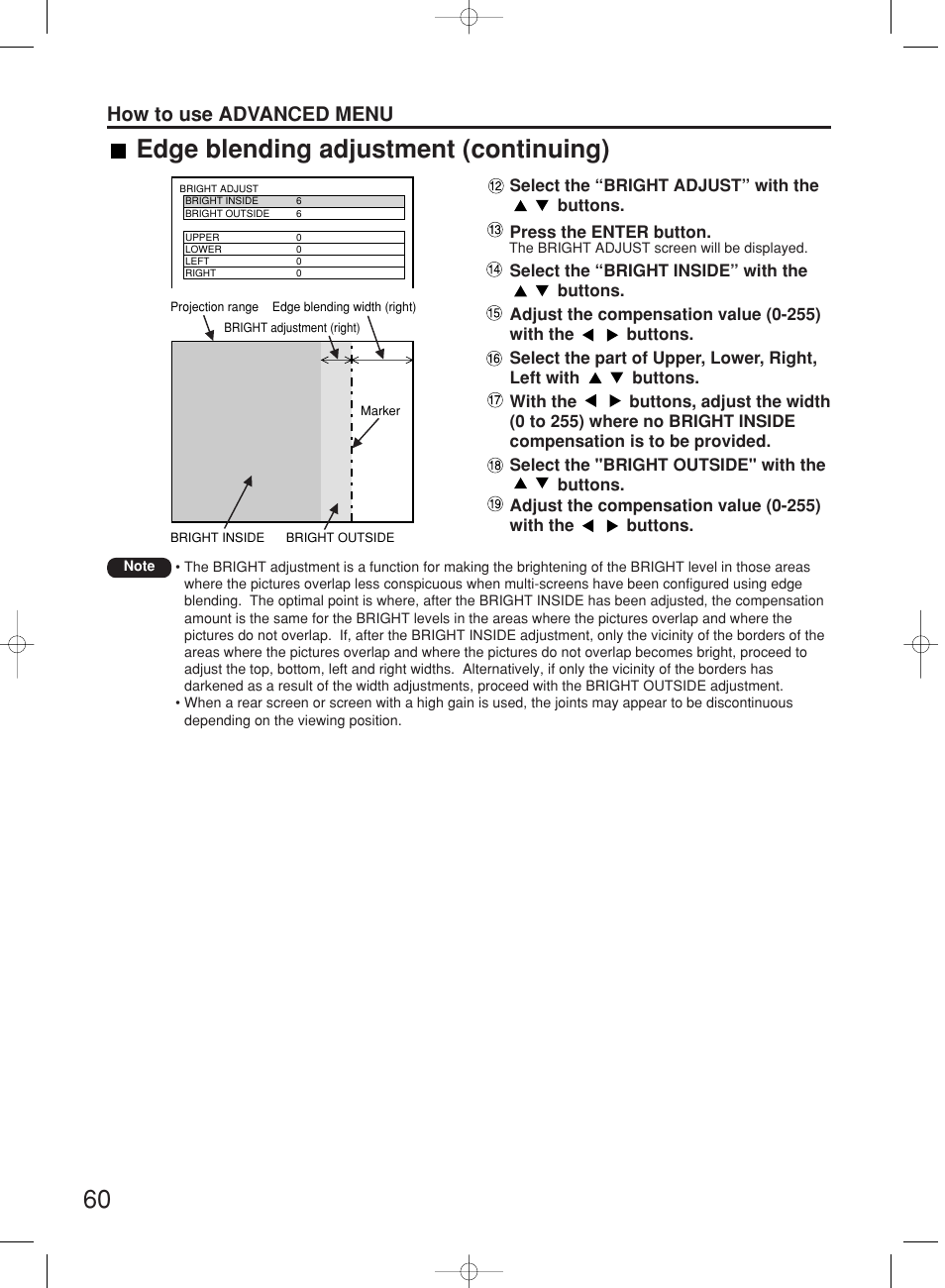 Edge blending adjustment (continuing), How to use advanced menu | Panasonic PT-DW7000E User Manual | Page 60 / 106
