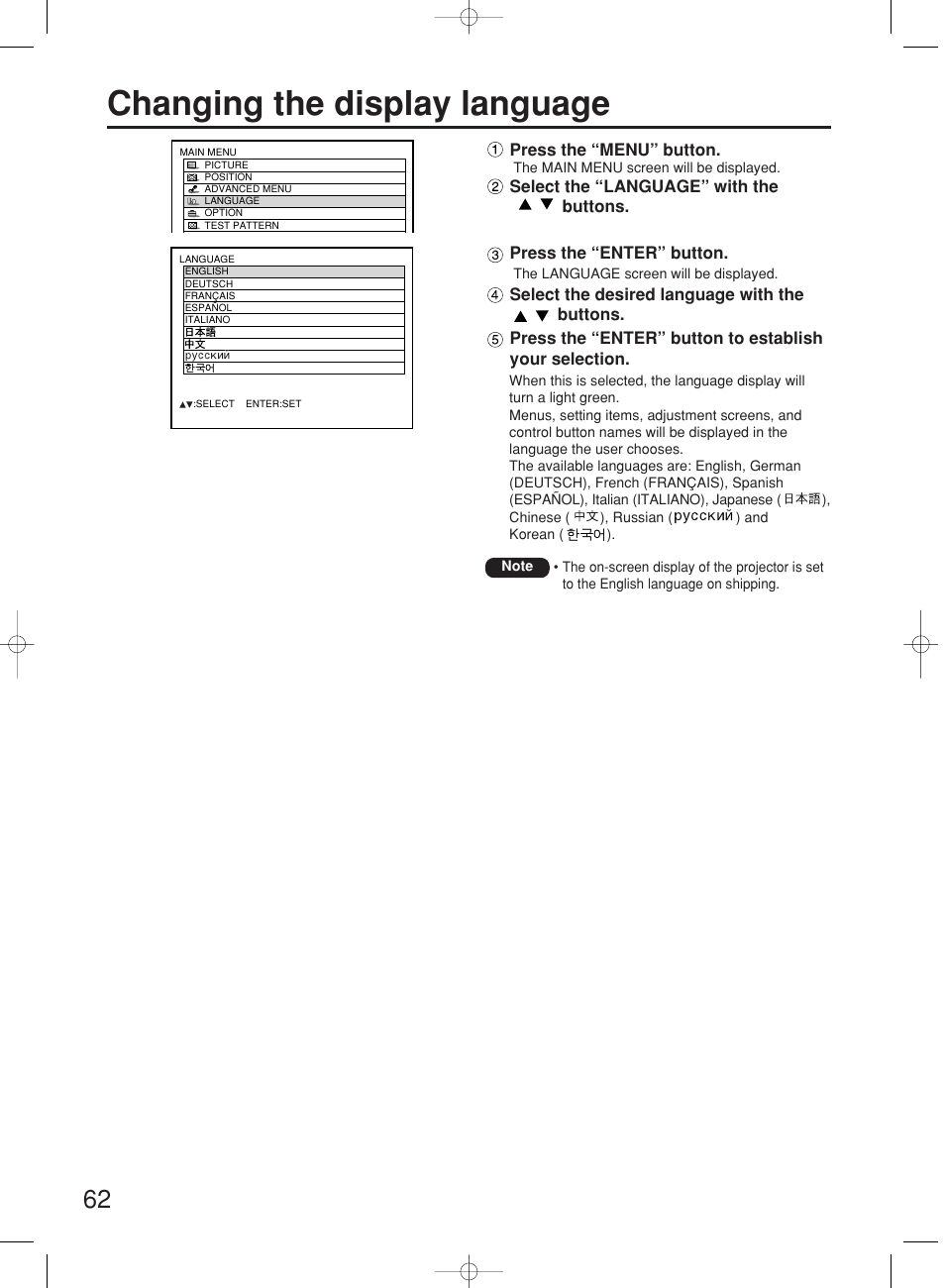 Changing the display language | Panasonic PT-DW7000E User Manual | Page 62 / 106