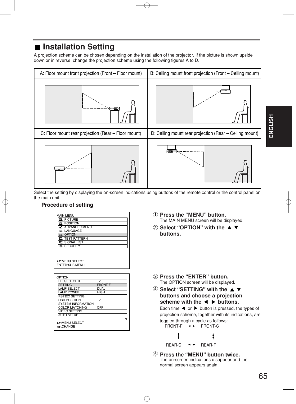 Installation setting | Panasonic PT-DW7000E User Manual | Page 65 / 106