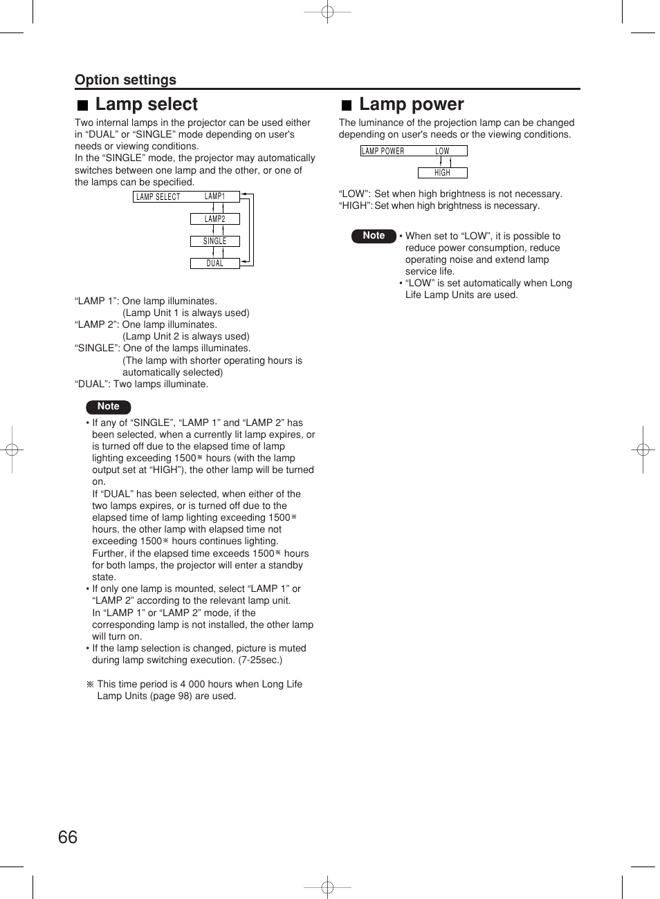 Lamp select, Lamp power, Option settings | Panasonic PT-DW7000E User Manual | Page 66 / 106