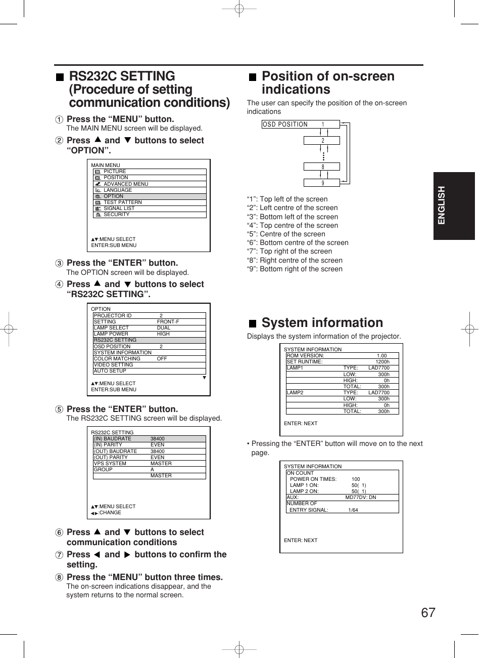 Position of on-screen indications, System information, English | Press the “menu” button | Panasonic PT-DW7000E User Manual | Page 67 / 106
