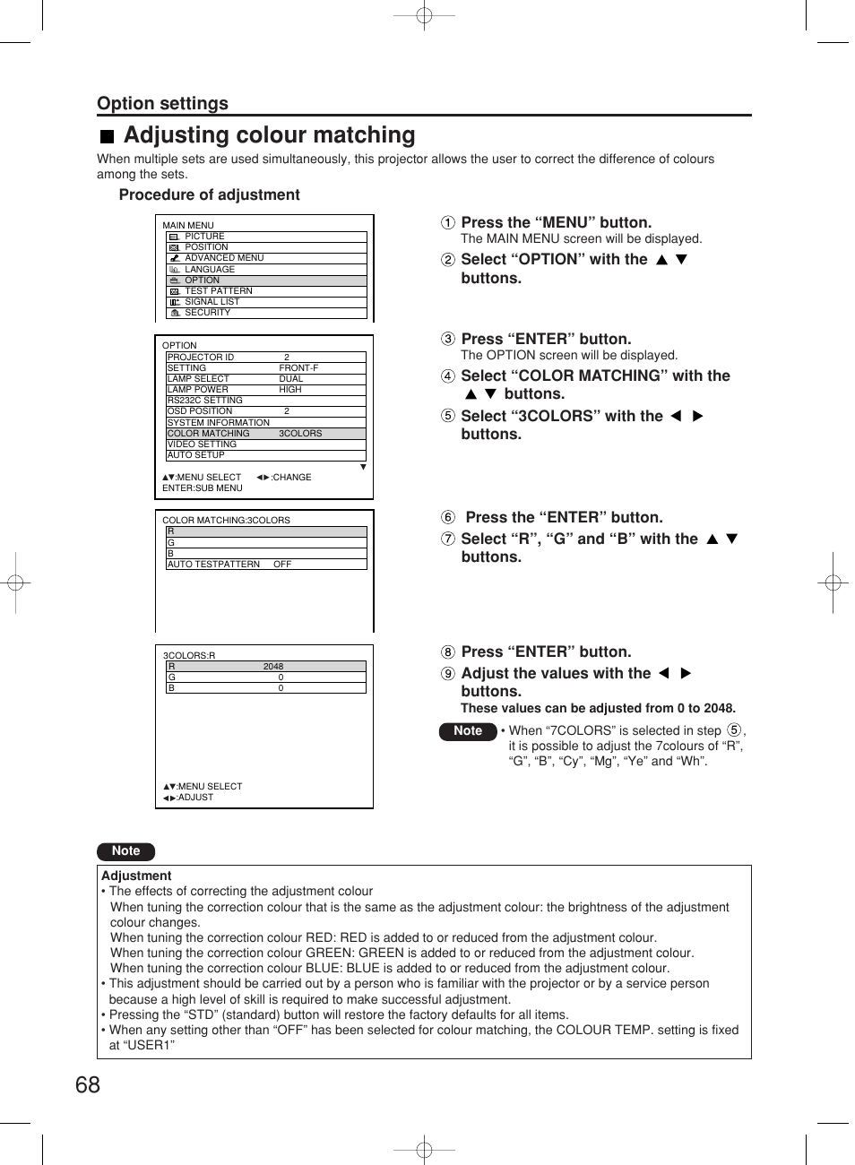 Adjusting colour matching, Option settings, Procedure of adjustment | Press the “menu” button, Select “option” with the buttons, Press “enter” button | Panasonic PT-DW7000E User Manual | Page 68 / 106