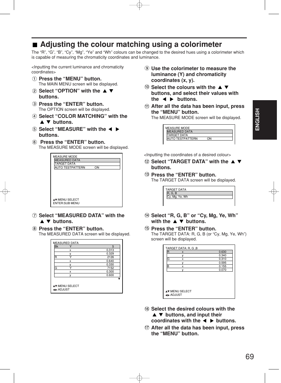 Adjusting the colour matching using a colorimeter, English, Press the “menu” button | Panasonic PT-DW7000E User Manual | Page 69 / 106