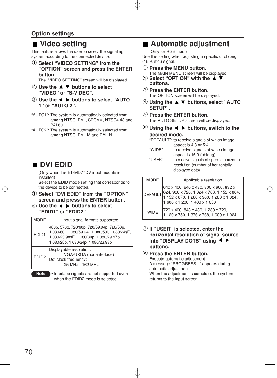 70 automatic adjustment, Video setting, Dvi edid | Option settings | Panasonic PT-DW7000E User Manual | Page 70 / 106