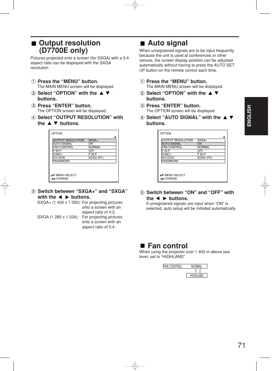 Fan control, Output resolution (d7700e only), Auto signal | English, Press the “menu” button, Select “output resolution” with the buttons, Switch between “on” and “off” with the buttons | Panasonic PT-DW7000E User Manual | Page 71 / 106