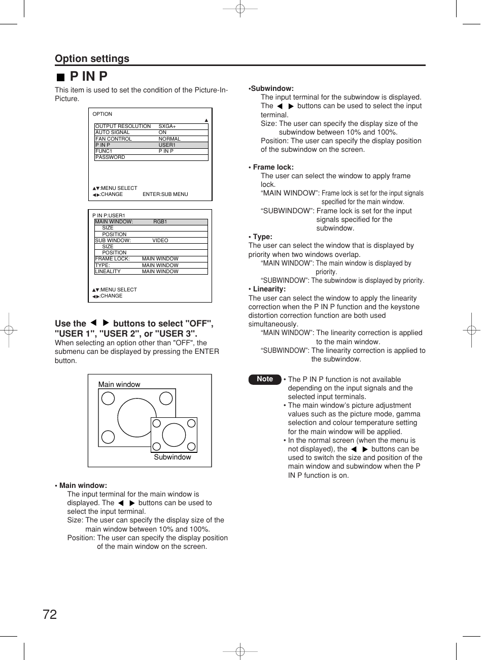 P in p, Option settings | Panasonic PT-DW7000E User Manual | Page 72 / 106