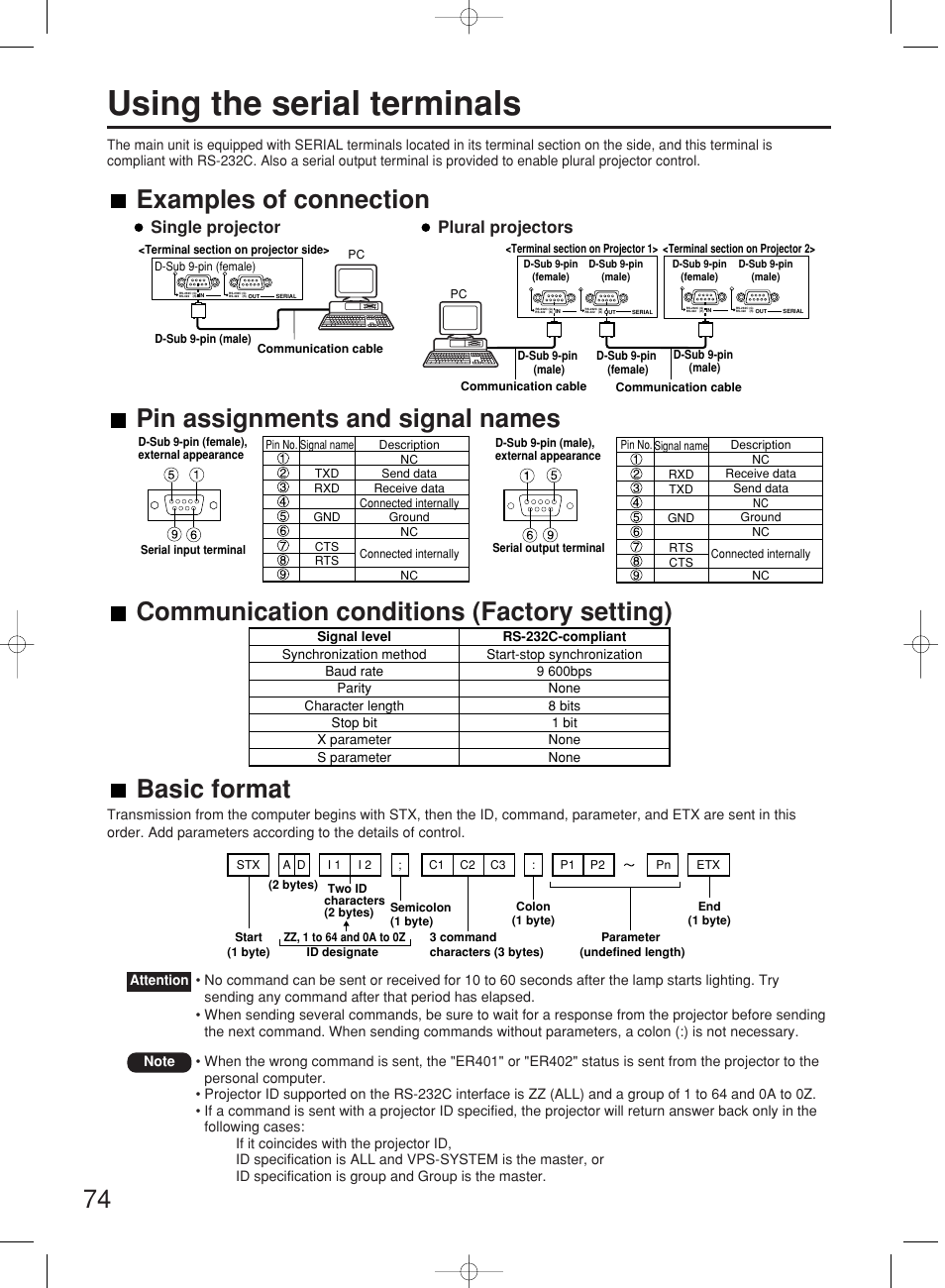 Using the serial terminals, 74 pin assignments and signal names, Examples of connection | Single projector plural projectors | Panasonic PT-DW7000E User Manual | Page 74 / 106