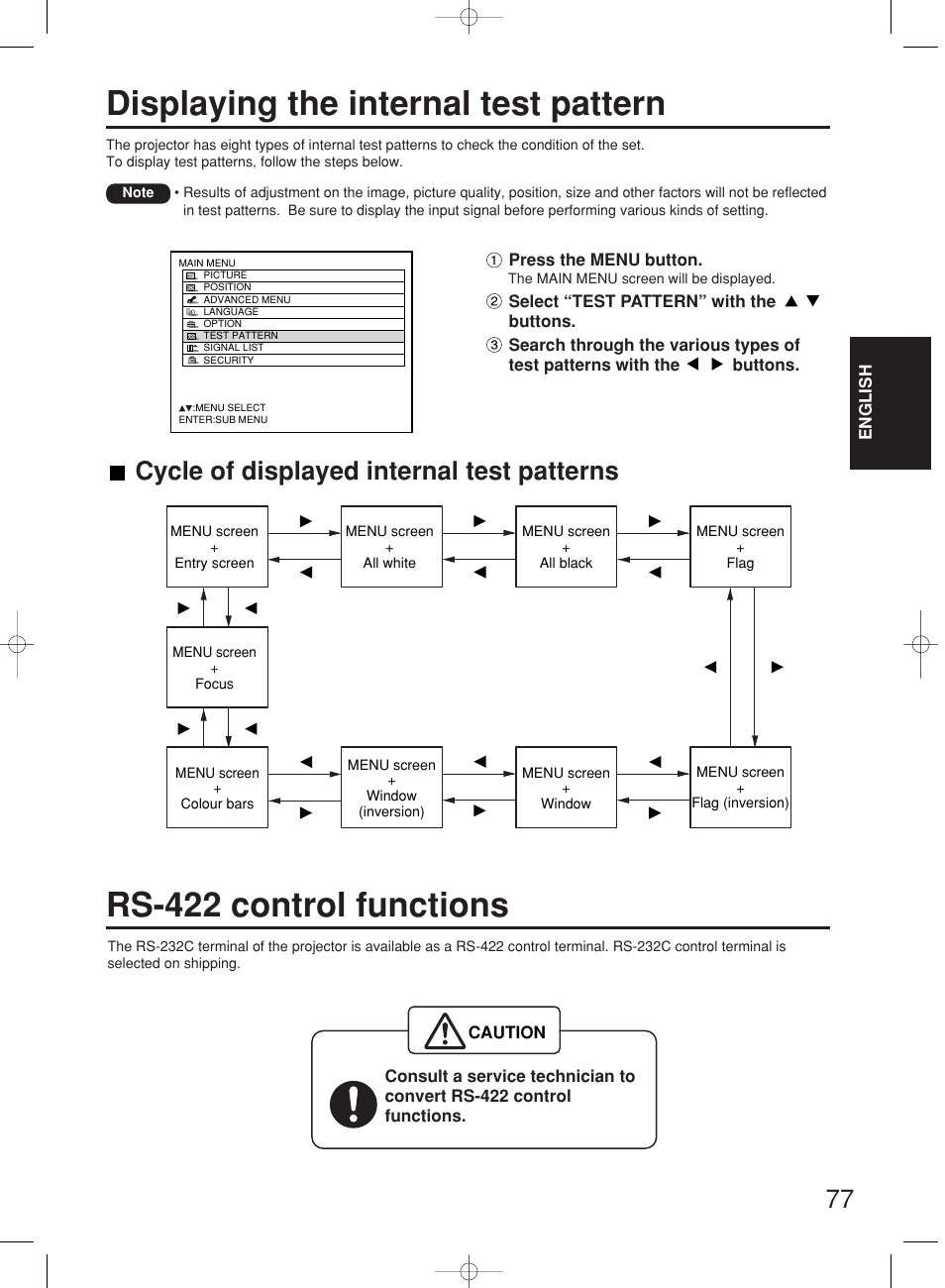 Displaying the internal test pattern, Rs-422 control functions, Cycle of displayed internal test patterns | Panasonic PT-DW7000E User Manual | Page 77 / 106