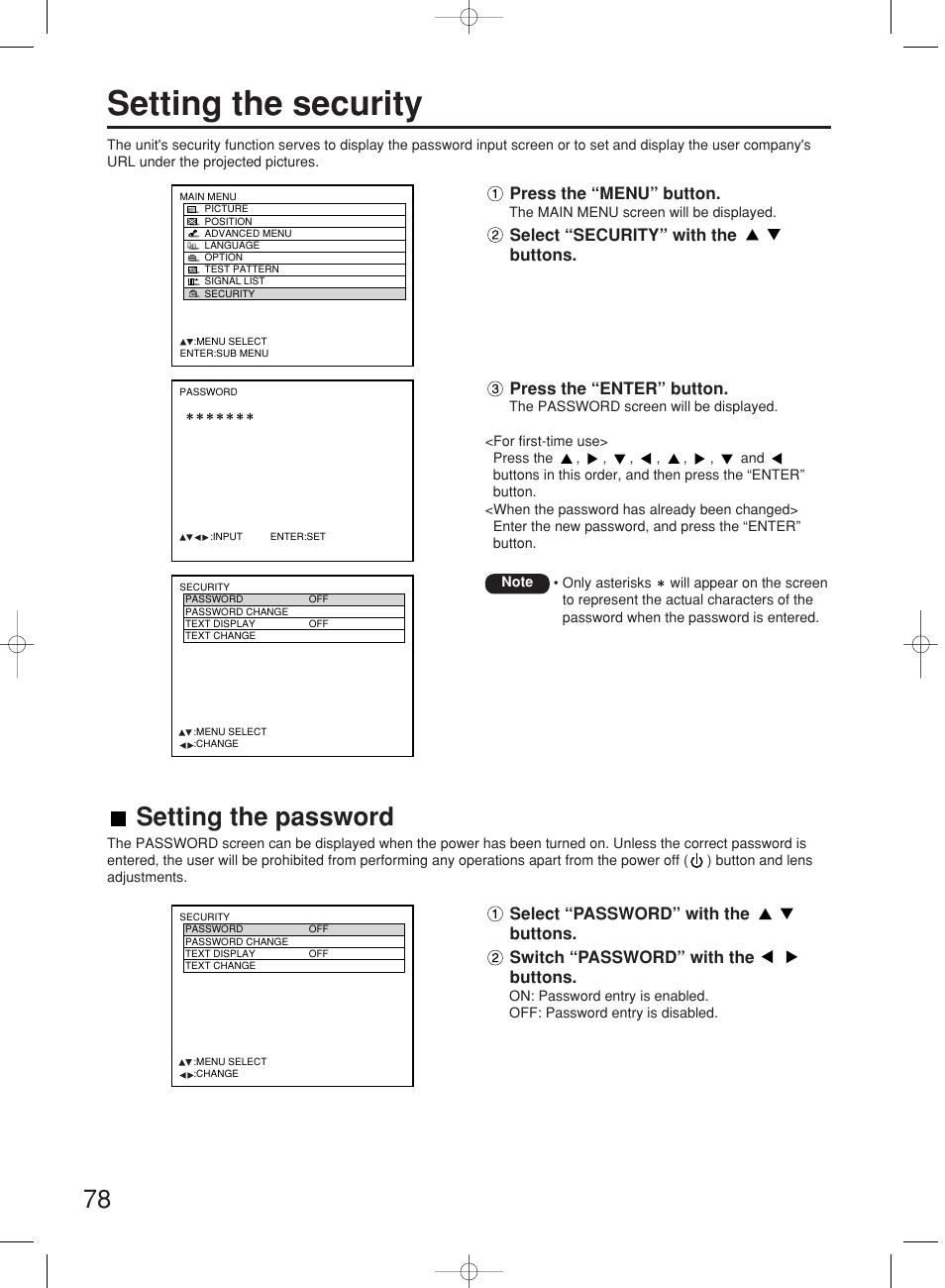 Setting the security, Setting the password | Panasonic PT-DW7000E User Manual | Page 78 / 106