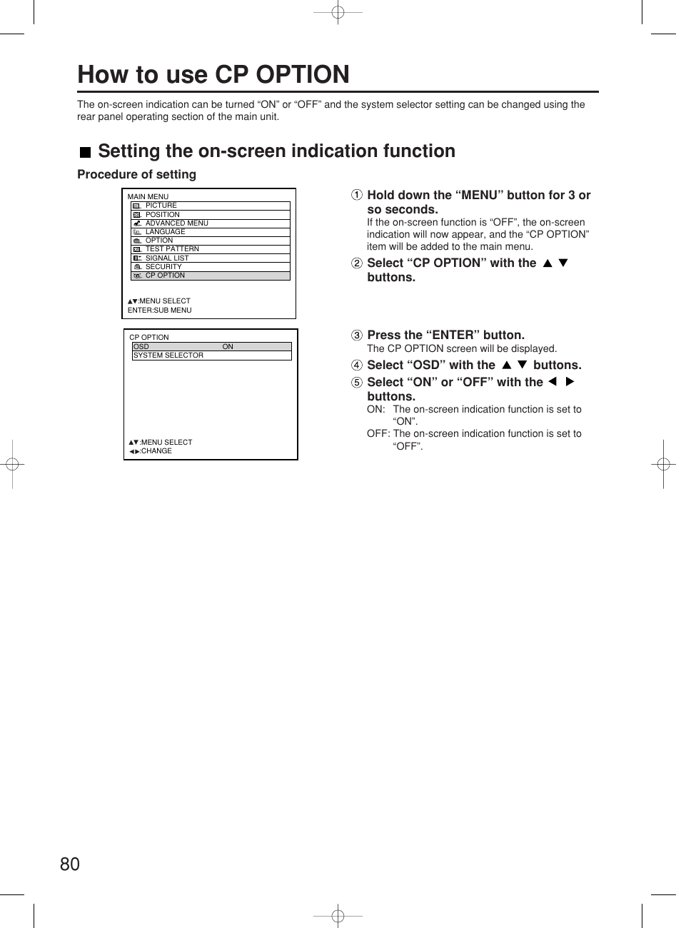How to use cp option, Setting the on-screen indication function | Panasonic PT-DW7000E User Manual | Page 80 / 106