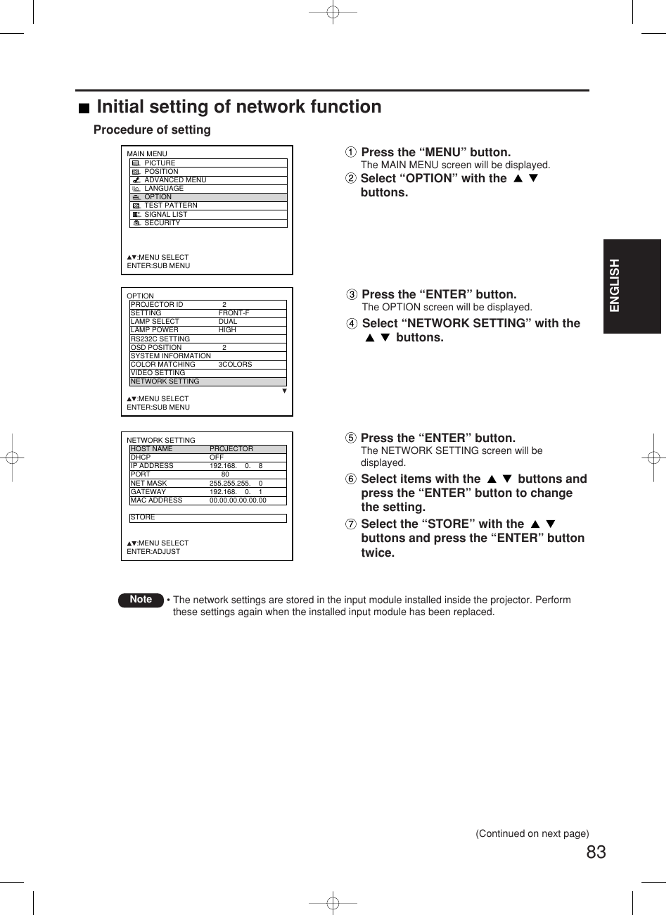 Initial setting of network function, English press the “enter” button, Select “network setting” with the buttons | Procedure of setting press the “menu” button, Select “option” with the buttons, Press the “enter” button | Panasonic PT-DW7000E User Manual | Page 83 / 106