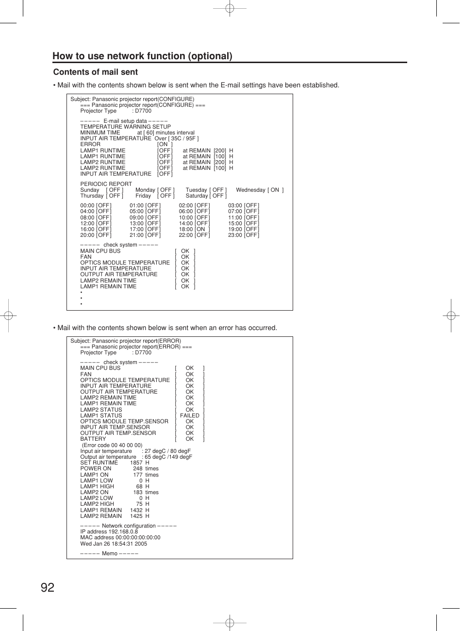 How to use network function (optional), Contents of mail sent | Panasonic PT-DW7000E User Manual | Page 92 / 106