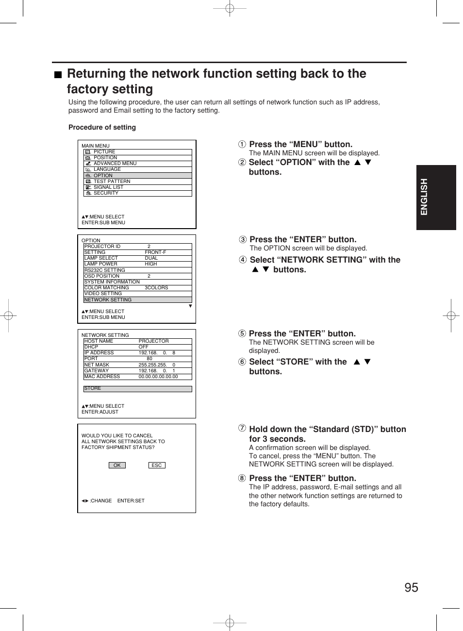 English press the “enter” button, Select “network setting” with the buttons, Press the “menu” button | Press the “enter” button | Panasonic PT-DW7000E User Manual | Page 95 / 106
