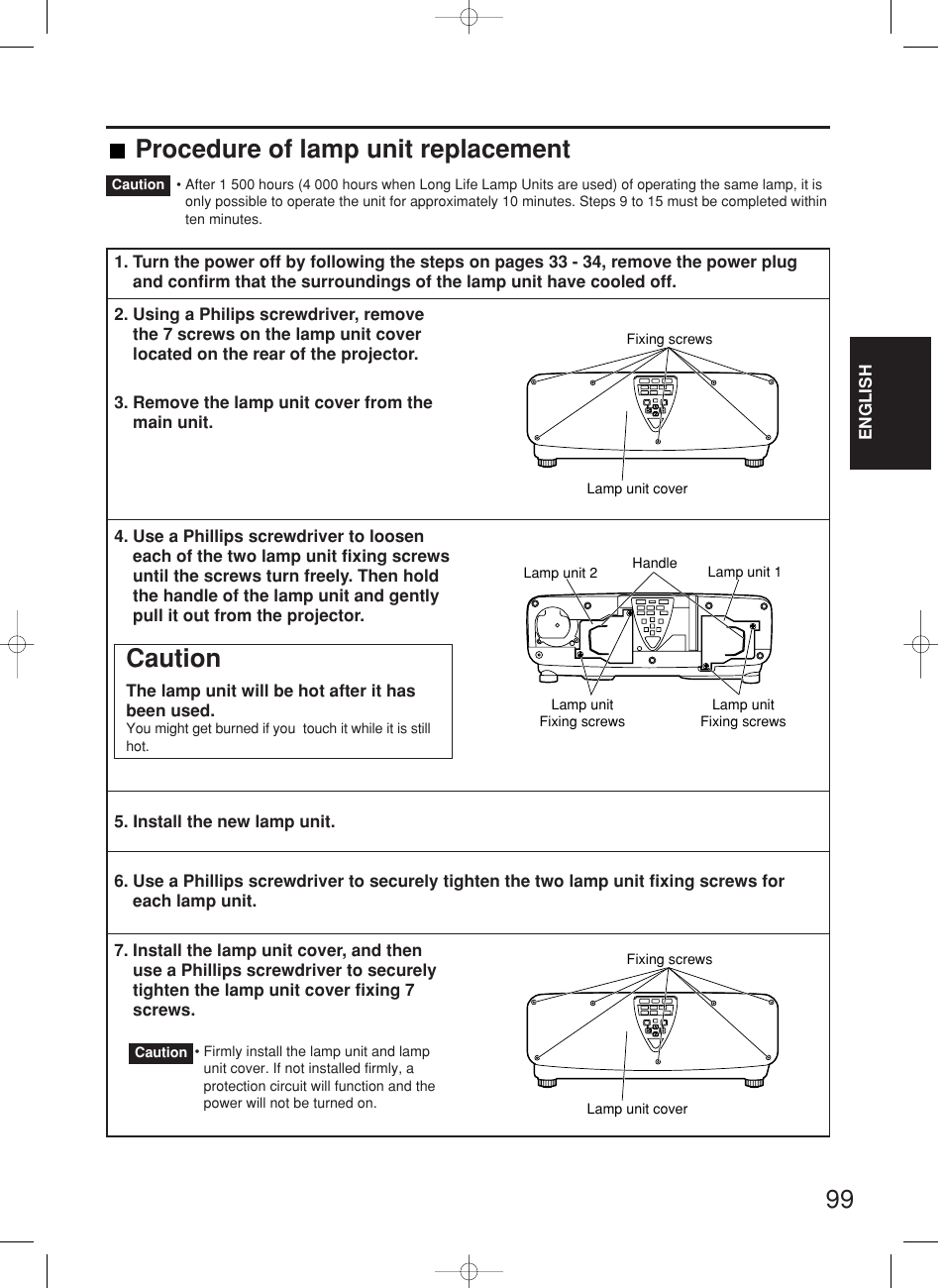 Caution, Procedure of lamp unit replacement | Panasonic PT-DW7000E User Manual | Page 99 / 106