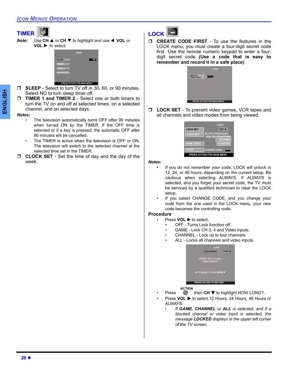 Timer, Lock, English timer | Panasonic CT 36HL44 User Manual | Page 22 / 96