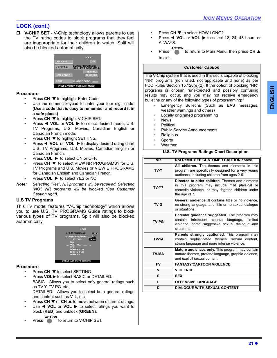 English lock (cont.) | Panasonic CT 36HL44 User Manual | Page 23 / 96