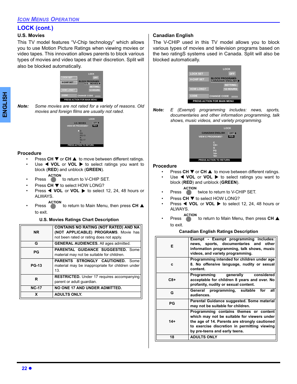 English lock (cont.), 22 z, Procedure | Panasonic CT 36HL44 User Manual | Page 24 / 96