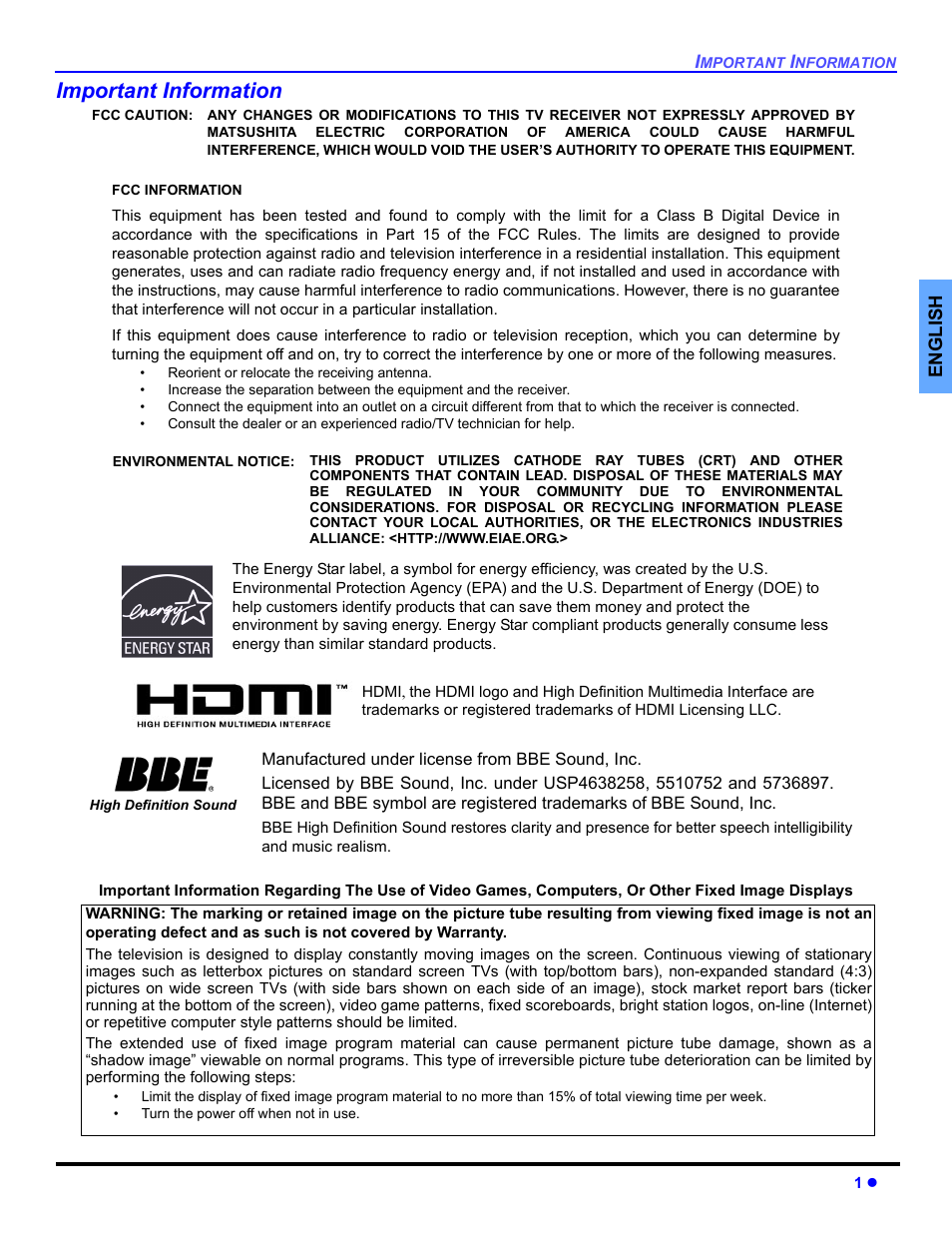 Important information | Panasonic CT 36HL44 User Manual | Page 3 / 96