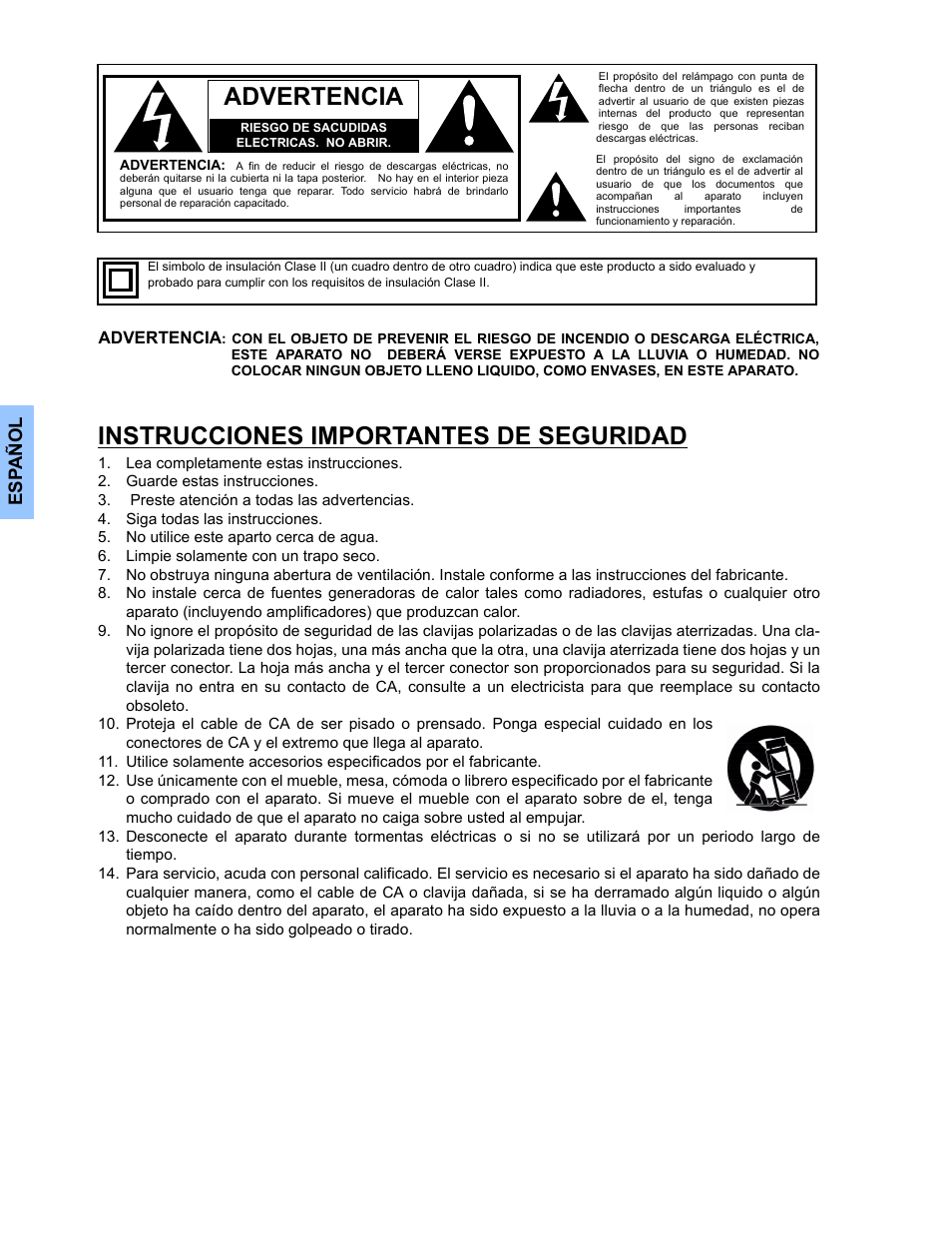 Advertencia, Instrucciones importantes de seguridad | Panasonic CT 36HL44 User Manual | Page 30 / 96