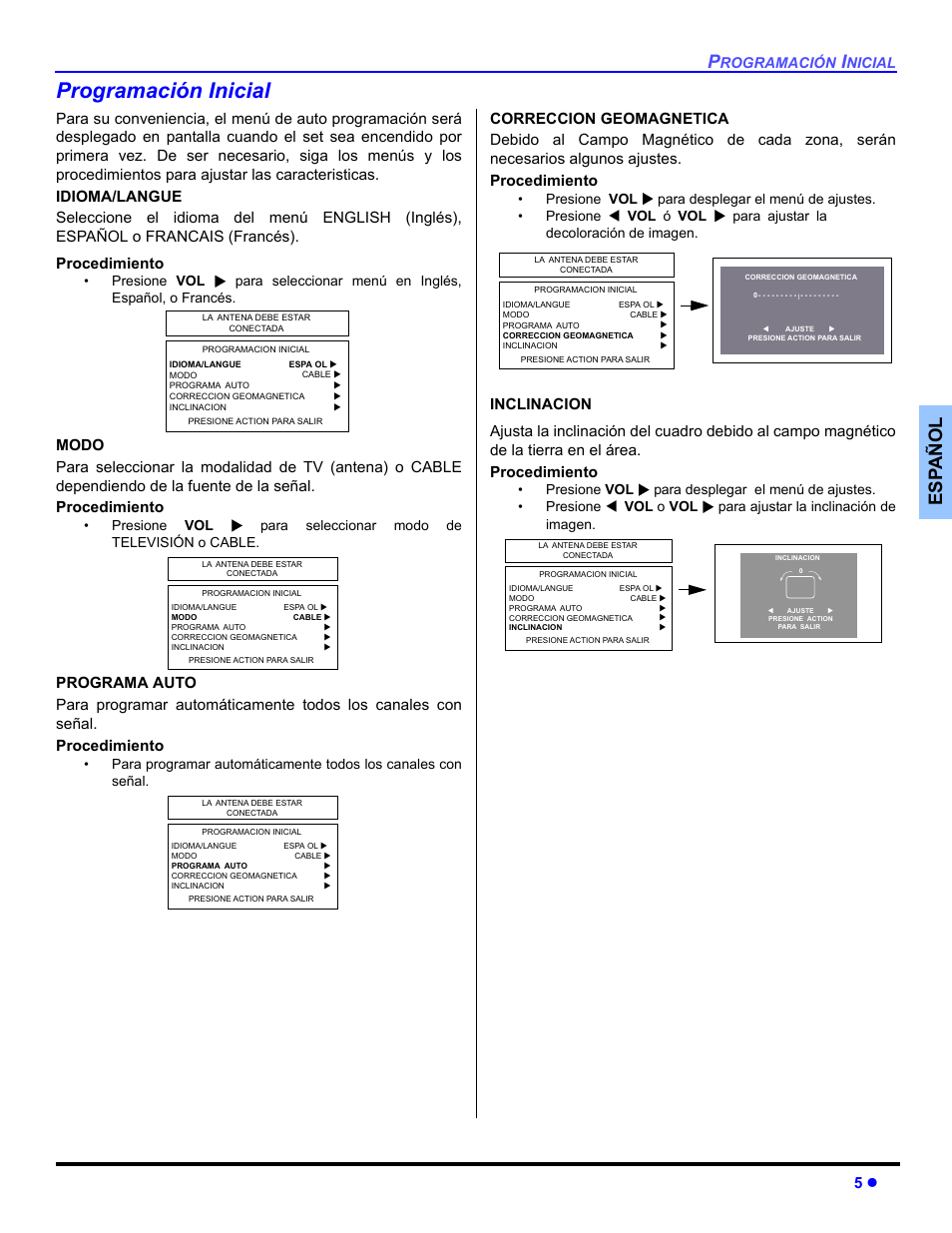 Programacion inicial, Programación inicial, Es p añol | Panasonic CT 36HL44 User Manual | Page 35 / 96