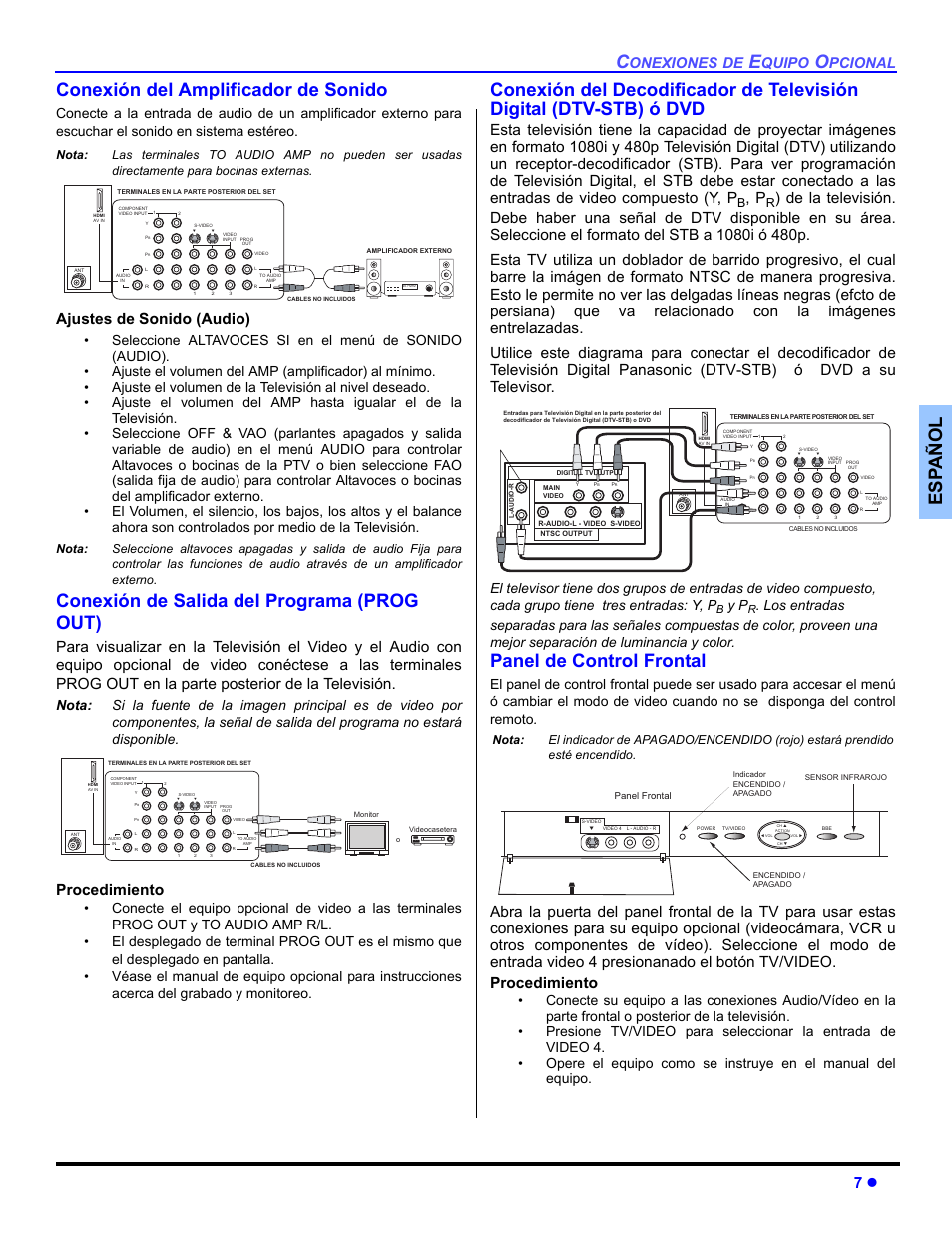 Conexion del amplificador de sonido, Conexion de salida programma (prog out), Conexion del decodificador de television digital | Panel de control frontal, Es p añol conexión del amplificador de sonido, Conexión de salida del programa (prog out), Ajustes de sonido (audio), Procedimiento, Onexiones, Quipo | Panasonic CT 36HL44 User Manual | Page 37 / 96