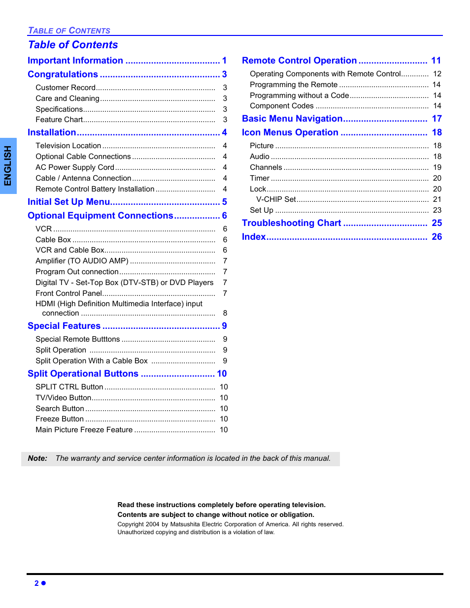Panasonic CT 36HL44 User Manual | Page 4 / 96