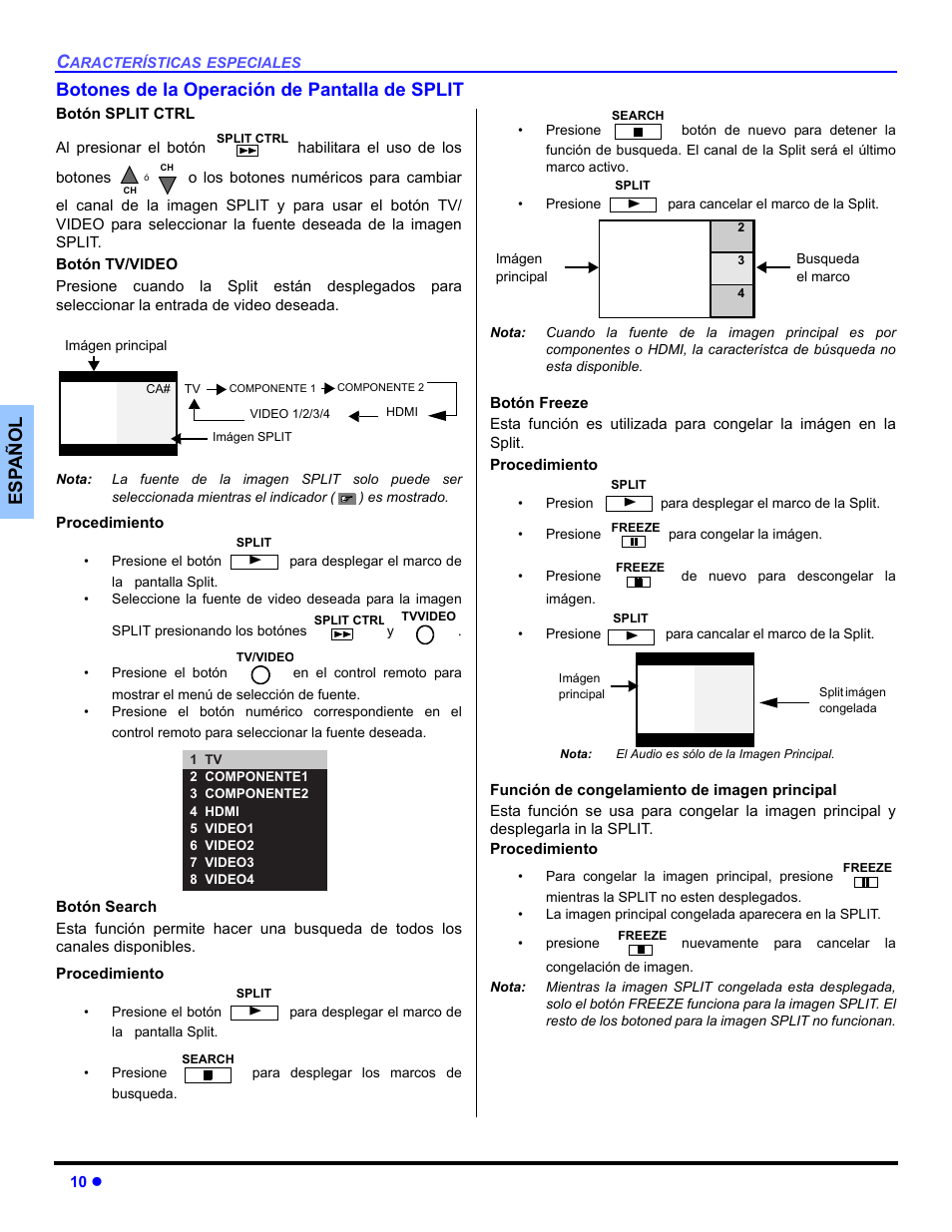 Botones de la operacion de pantalla de split, Boton tv / video, Boton de search | Boton de freeze, Funcion de congelamiento de imagen principal | Panasonic CT 36HL44 User Manual | Page 40 / 96