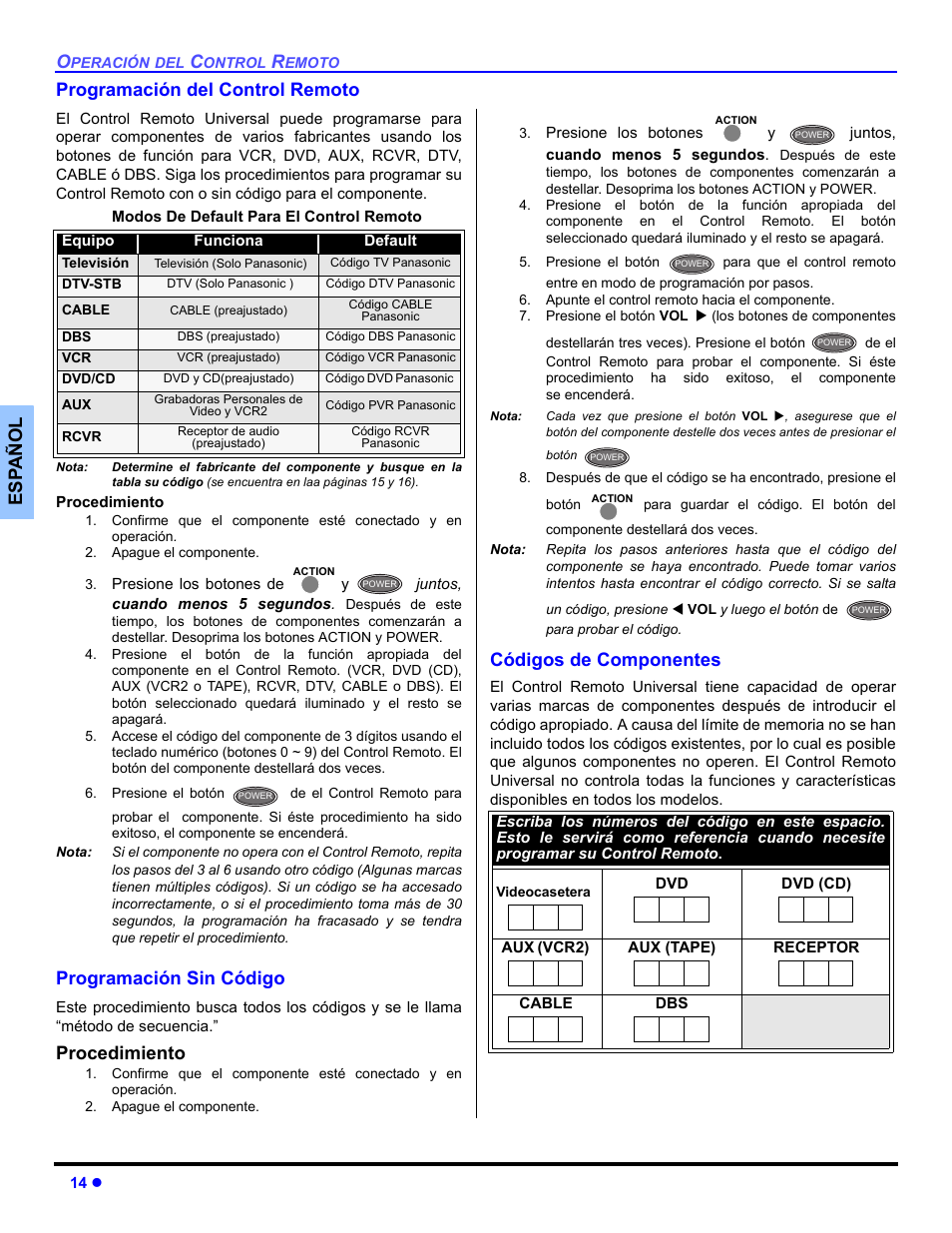 Programacion del control remoto, Programcion sin codigo, Codigos de componentes | Es p añol programación del control remoto, Programación sin código, Procedimiento, Códigos de componentes | Panasonic CT 36HL44 User Manual | Page 44 / 96