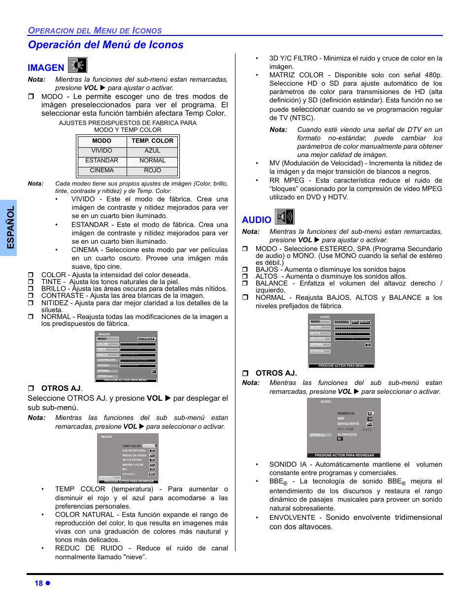 Operacion del menu de iconos, Imagen, Audio | Operación del menú de iconos, Es p añol, 18 z, Seleccionar, Otros aj, Sonido envolvente tridimensional con dos altavoces | Panasonic CT 36HL44 User Manual | Page 48 / 96