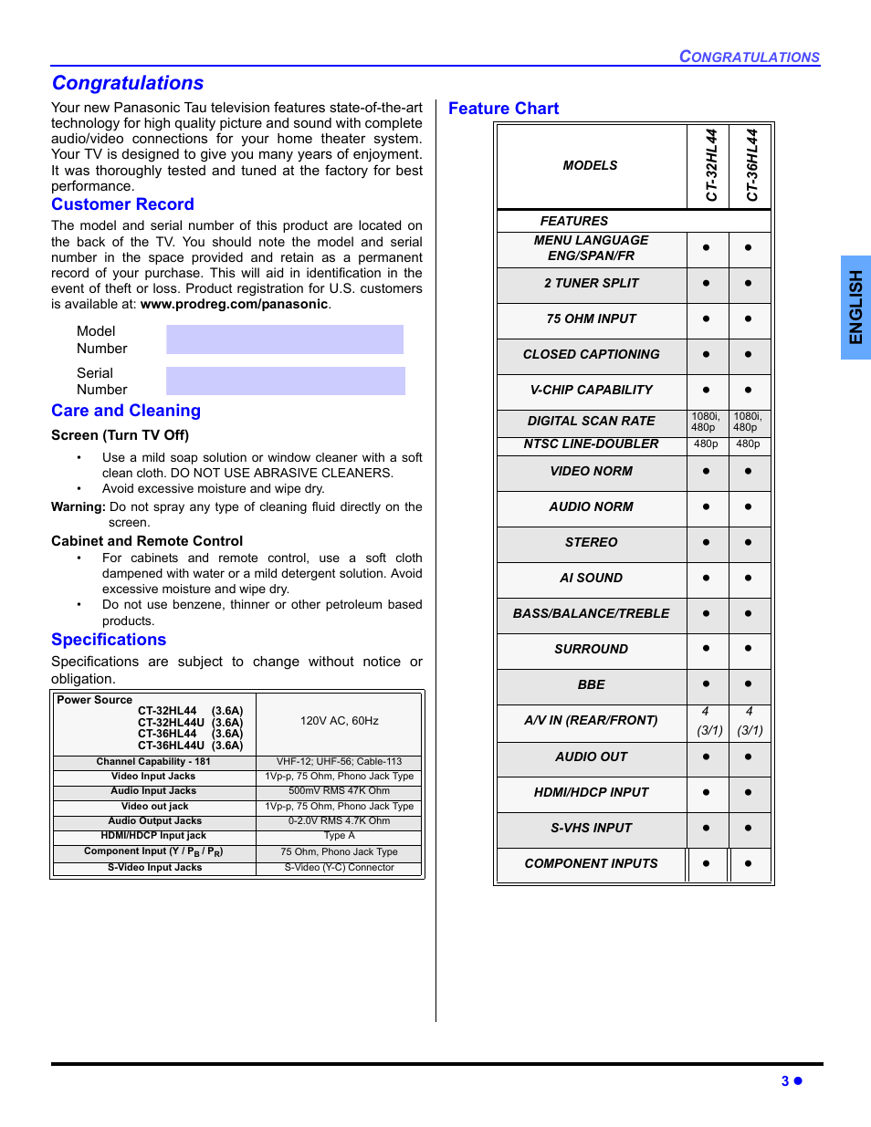 Congratulations, Customer record, Care and cleaning | Specifications, Feature chart | Panasonic CT 36HL44 User Manual | Page 5 / 96