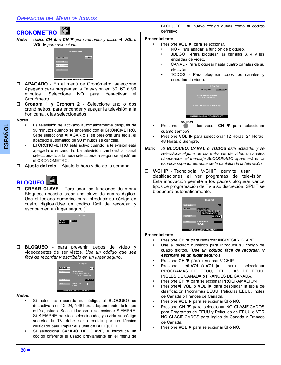 Cronometro, Bloque, Es p añol cronómetro | Bloqueo | Panasonic CT 36HL44 User Manual | Page 50 / 96