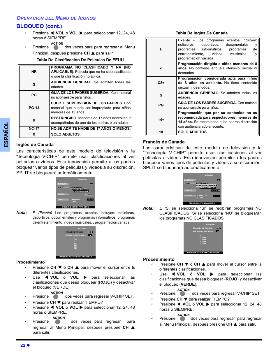 Es p añol bloqueo (cont.), 22 z, Procedimiento | Panasonic CT 36HL44 User Manual | Page 52 / 96