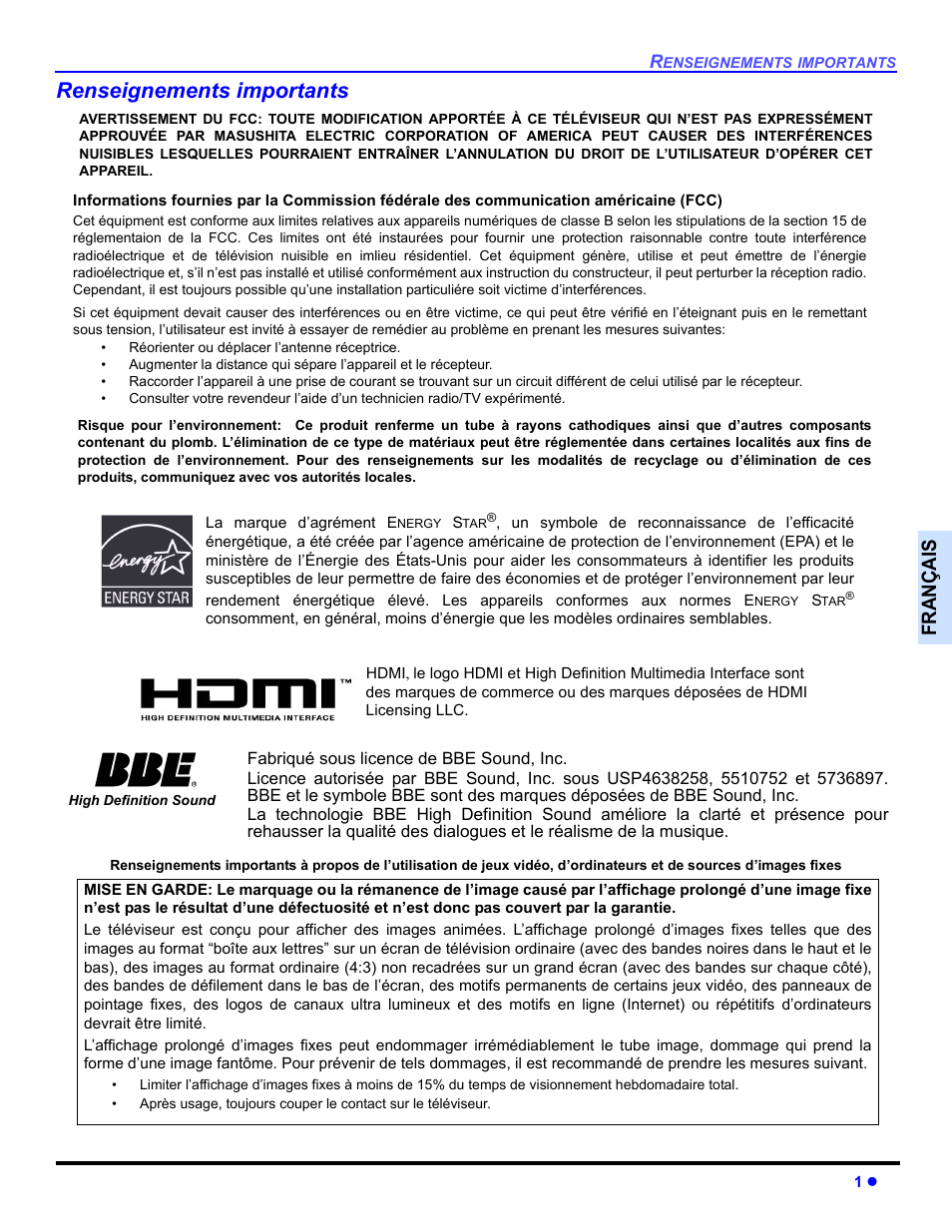 Renseignements importants, Françai s | Panasonic CT 36HL44 User Manual | Page 59 / 96