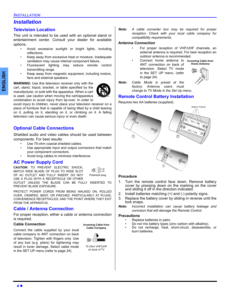 Installation, Television location, Optional cable connections | Ac power supply cord, Cable / antenna connection, Remote control battery installation, English | Panasonic CT 36HL44 User Manual | Page 6 / 96