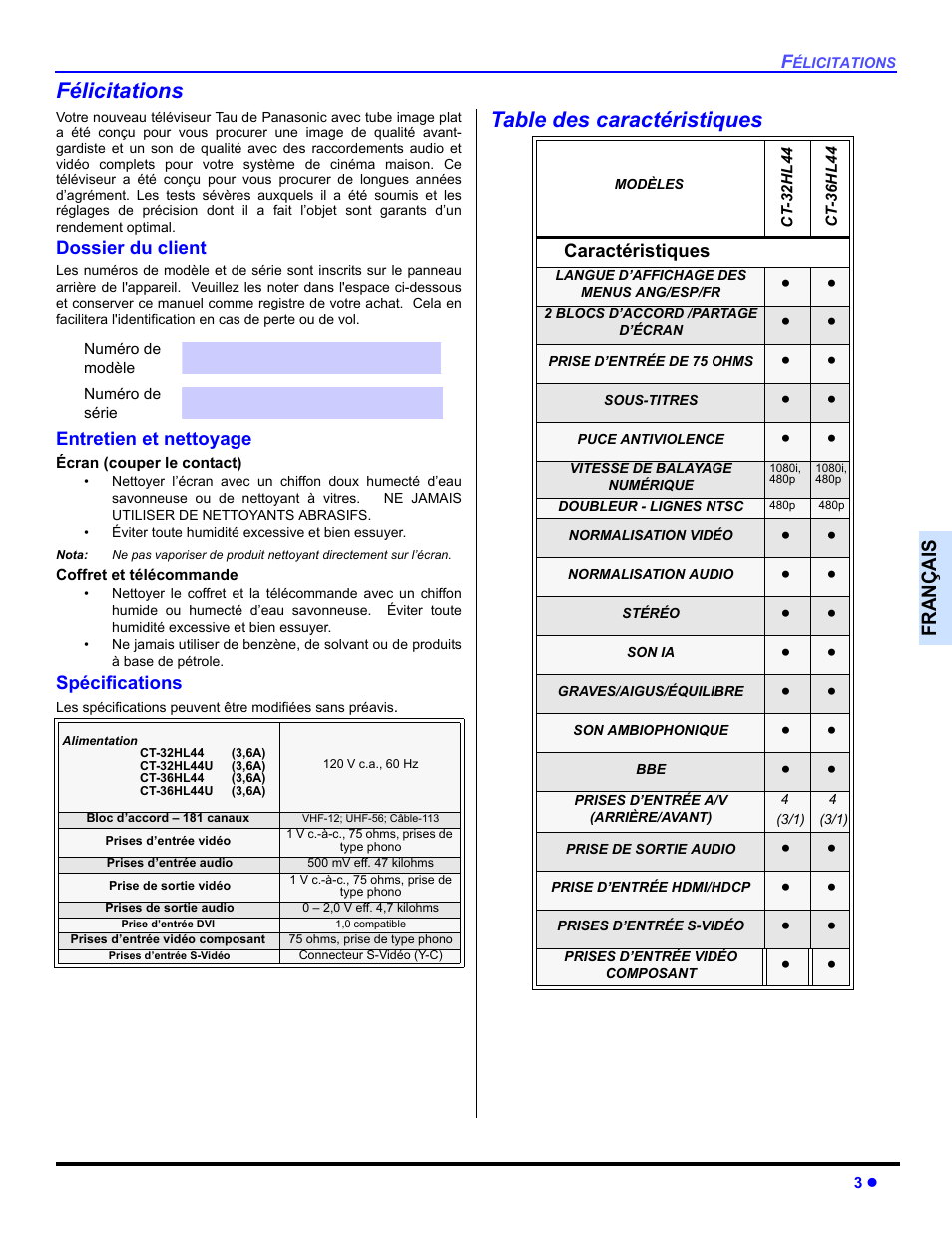 Felicitaions, Dossier du client, Entretien et nettoyage | Specifications, Table des caracteristiques, Félicitations, Table des caractéristiques, Françai s | Panasonic CT 36HL44 User Manual | Page 61 / 96