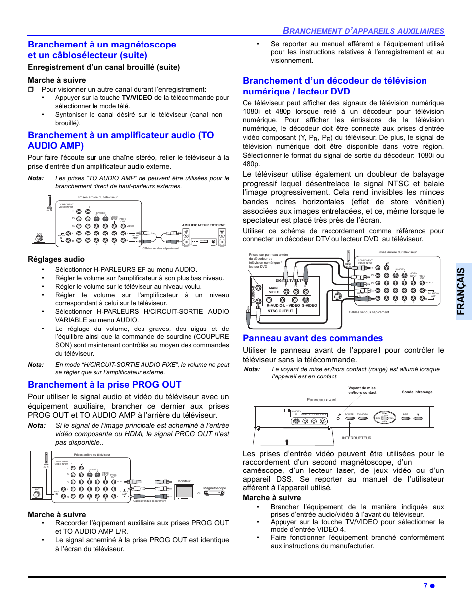 Branchement a un amplificateur audio, Branchement a la prise prog out, Panneau avant des commandes | Françai s, Branchement à la prise prog out, Réglages audio, Marche à suivre, Ranchement, Appareils, Auxiliaires | Panasonic CT 36HL44 User Manual | Page 65 / 96